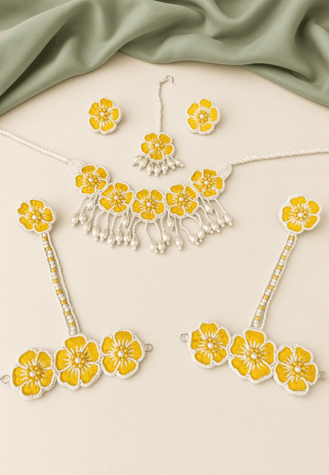 Handmade Yellow Floral Haldi Jewellery Set with Pearl Drops