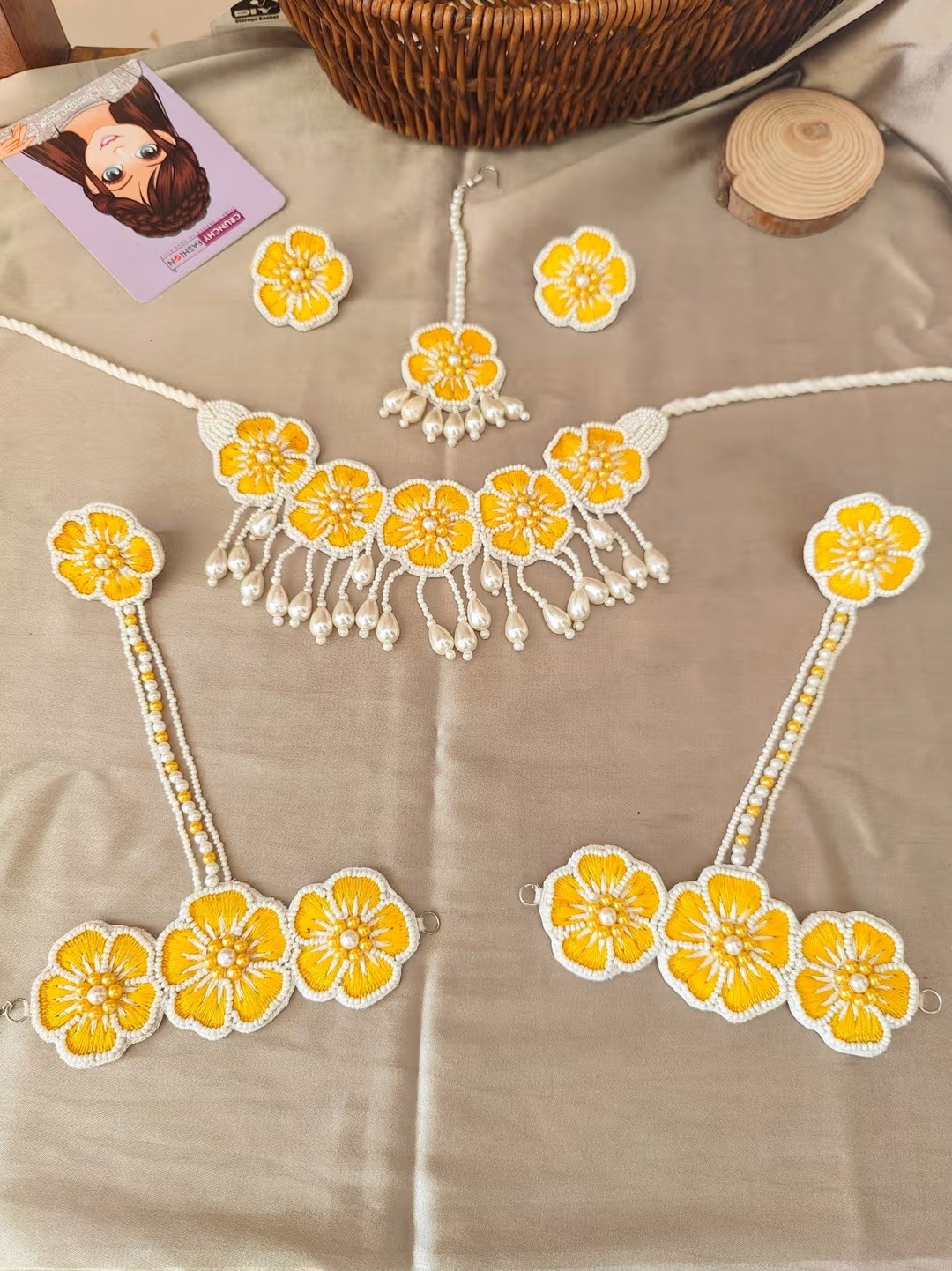 Handmade Yellow Floral Haldi Jewellery Set with Pearl Drops