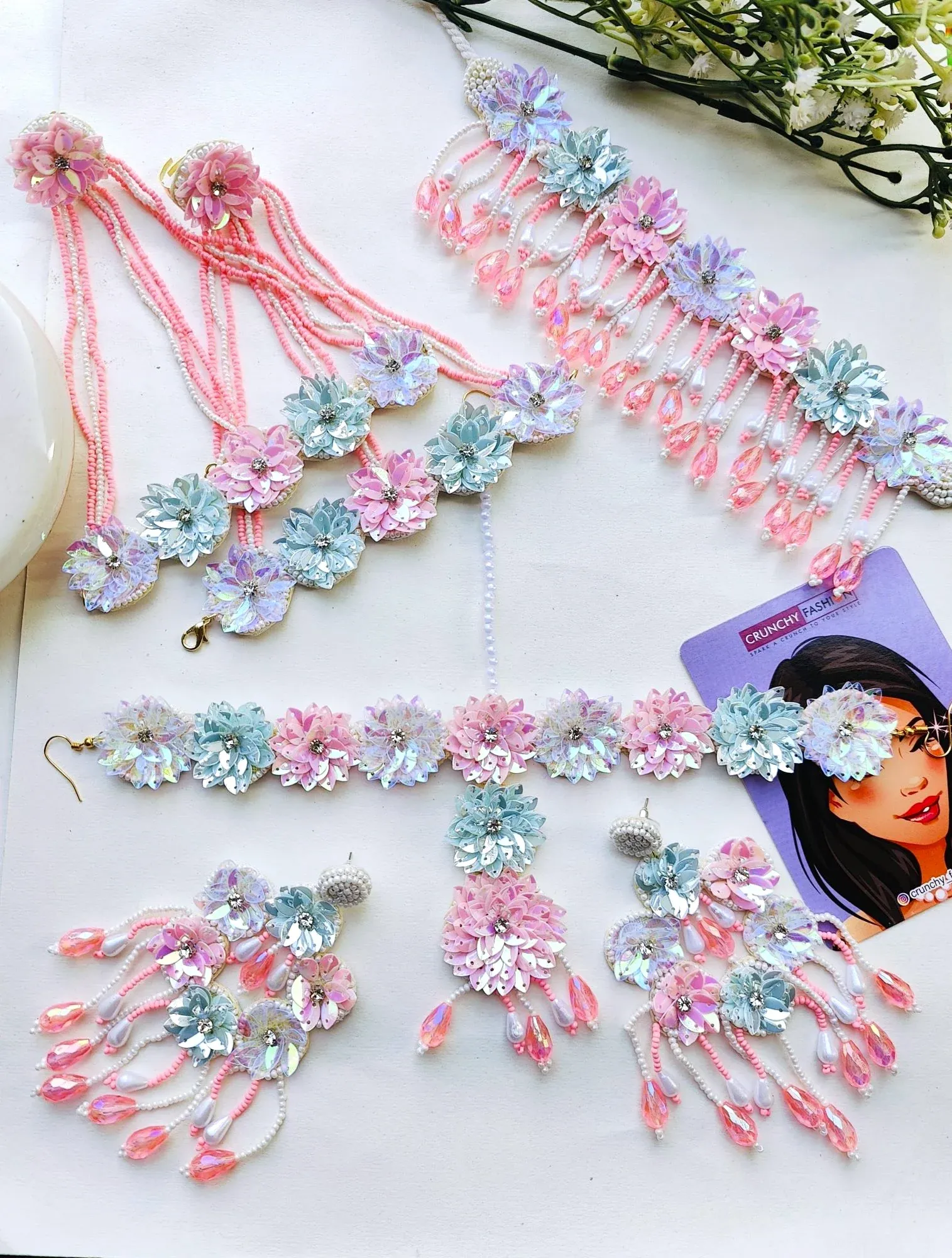 Pastel Pink & Blue Floral Haldi Jewellery Set with Crystal Drops