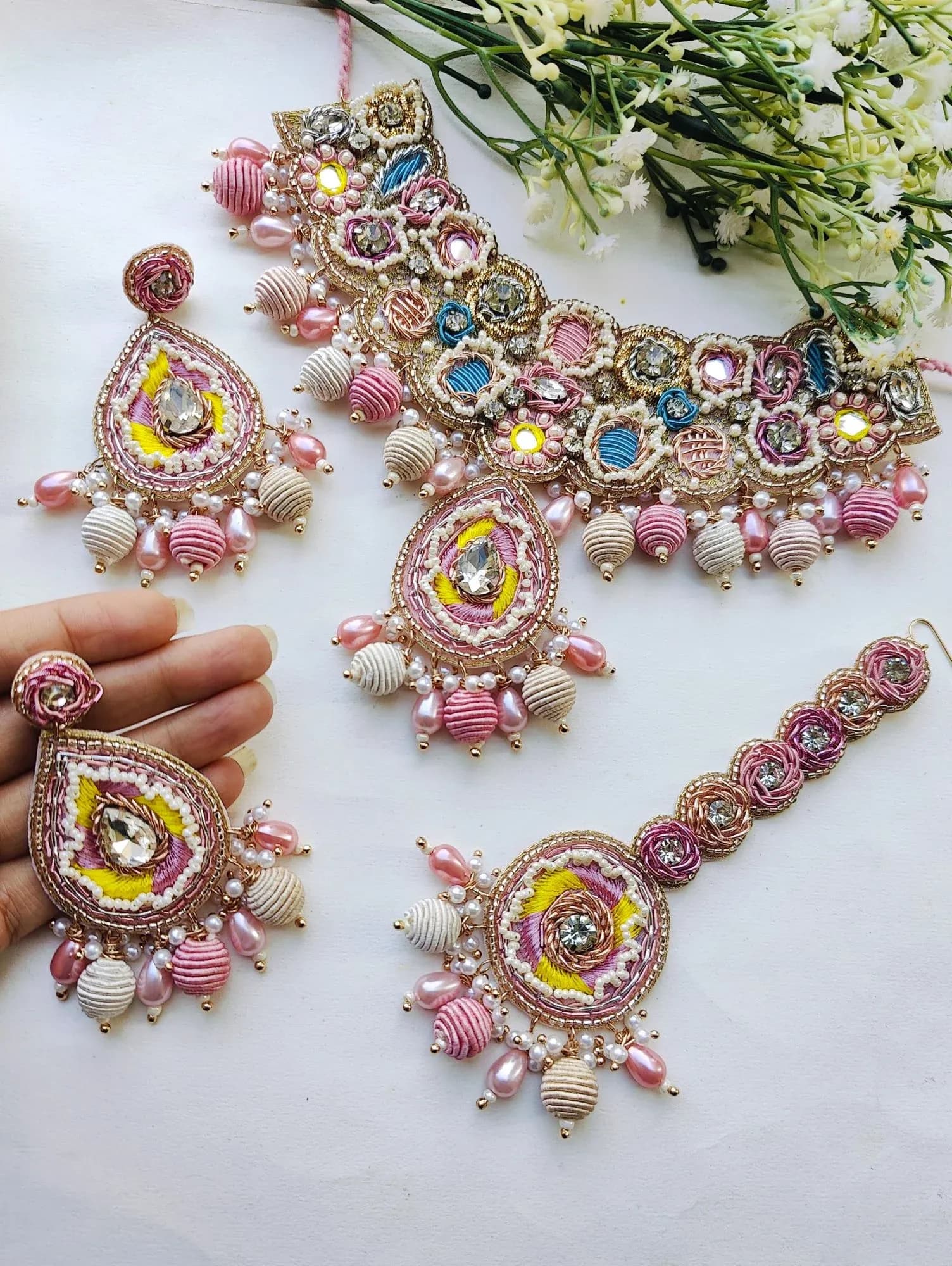 Pink Floral handmade Jewellery Set for Haldi & mehndi