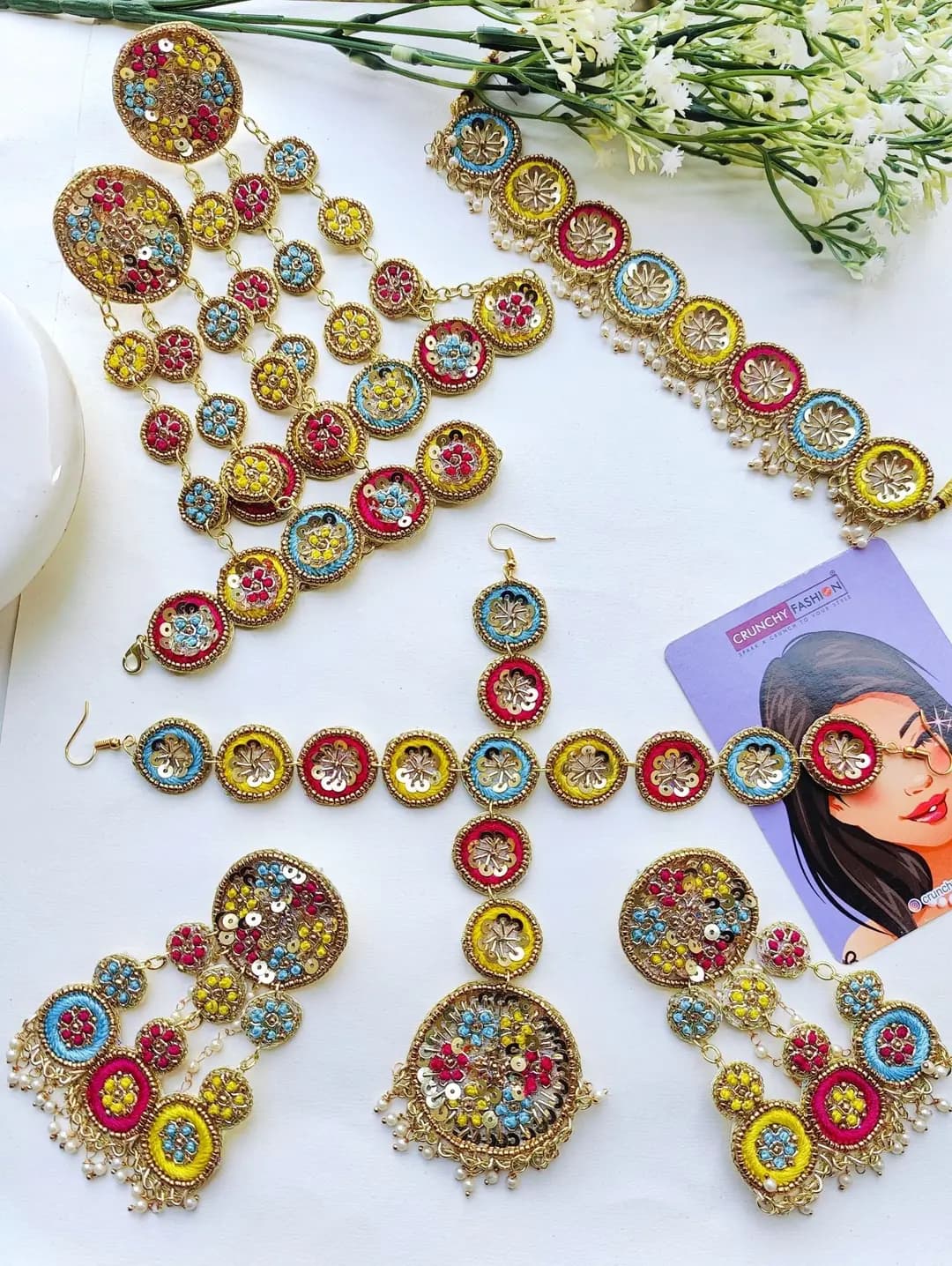 Floral Hues - Yellow, Pink, Sky Blue Handmade Bridal Haldi Jewellery Set