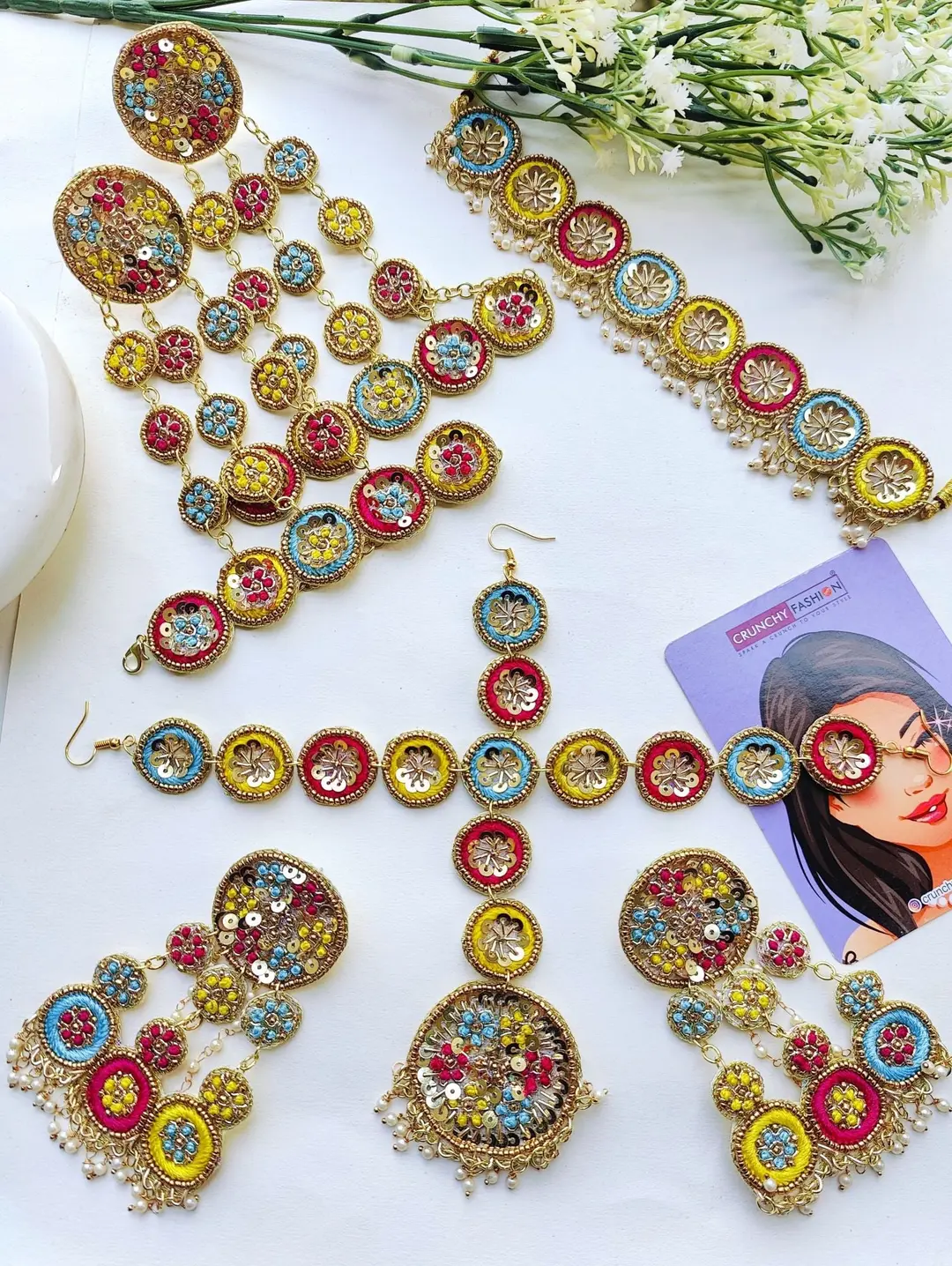 Floral Hues - Yellow, Pink, Sky Blue Handmade Bridal Haldi Jewellery Set