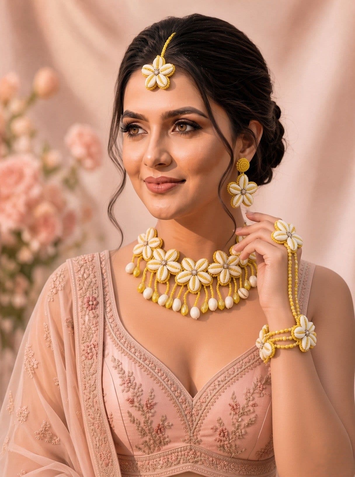 Yellow Beaded Cowrie Haldi Mehndi Jewellery Set for Bride