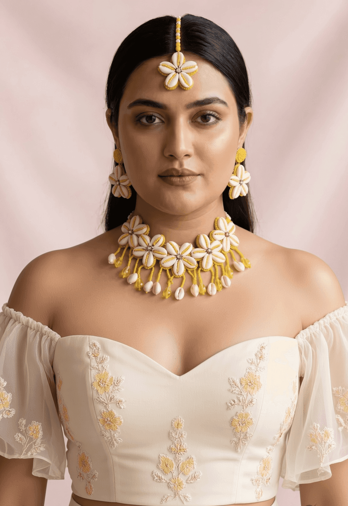 Yellow Beaded Cowrie Haldi Mehndi Jewellery Set for Bride