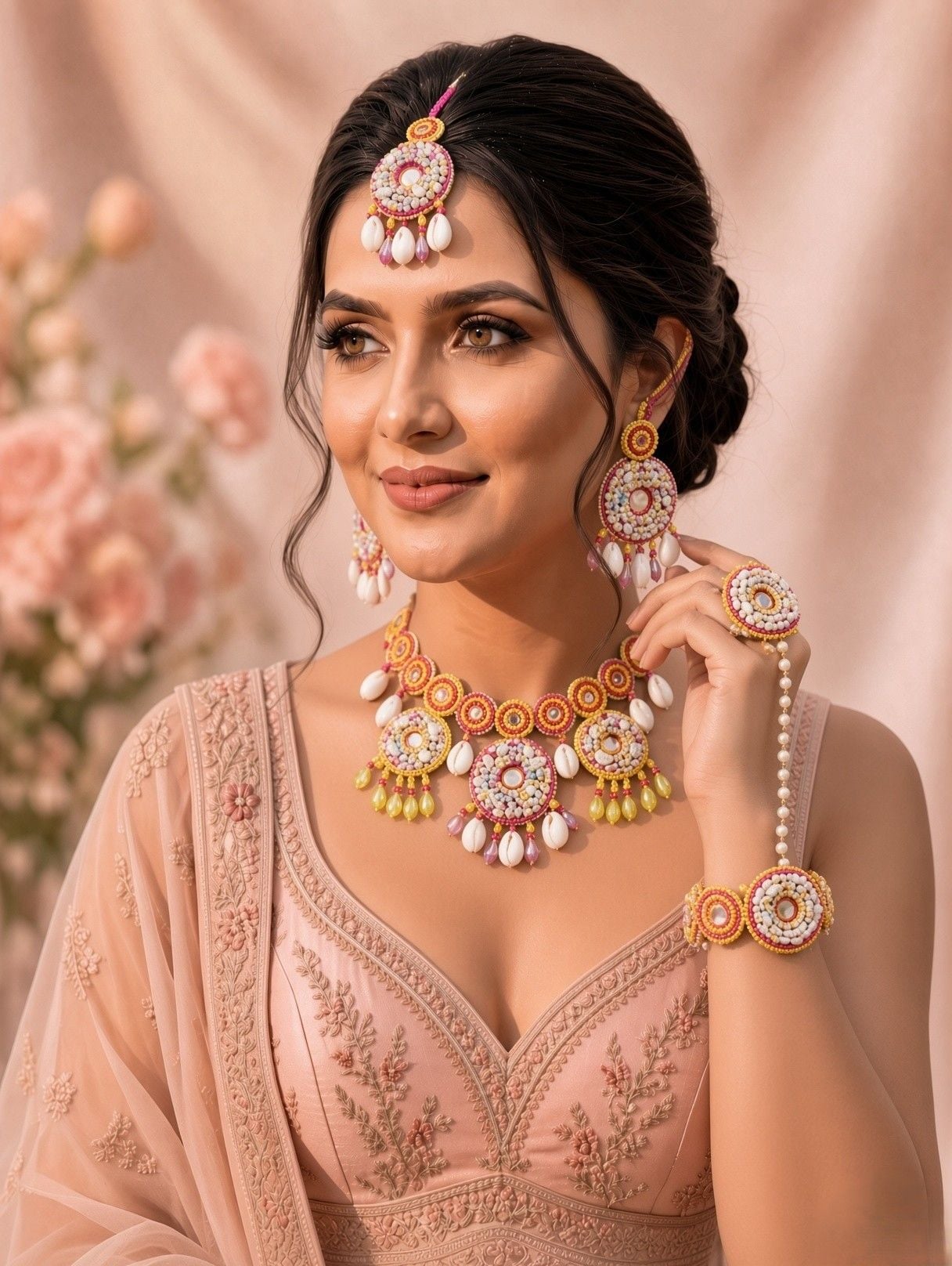 Handcrafted Pink-Yellow Pearl Jewellery Set for Haldi Bridal