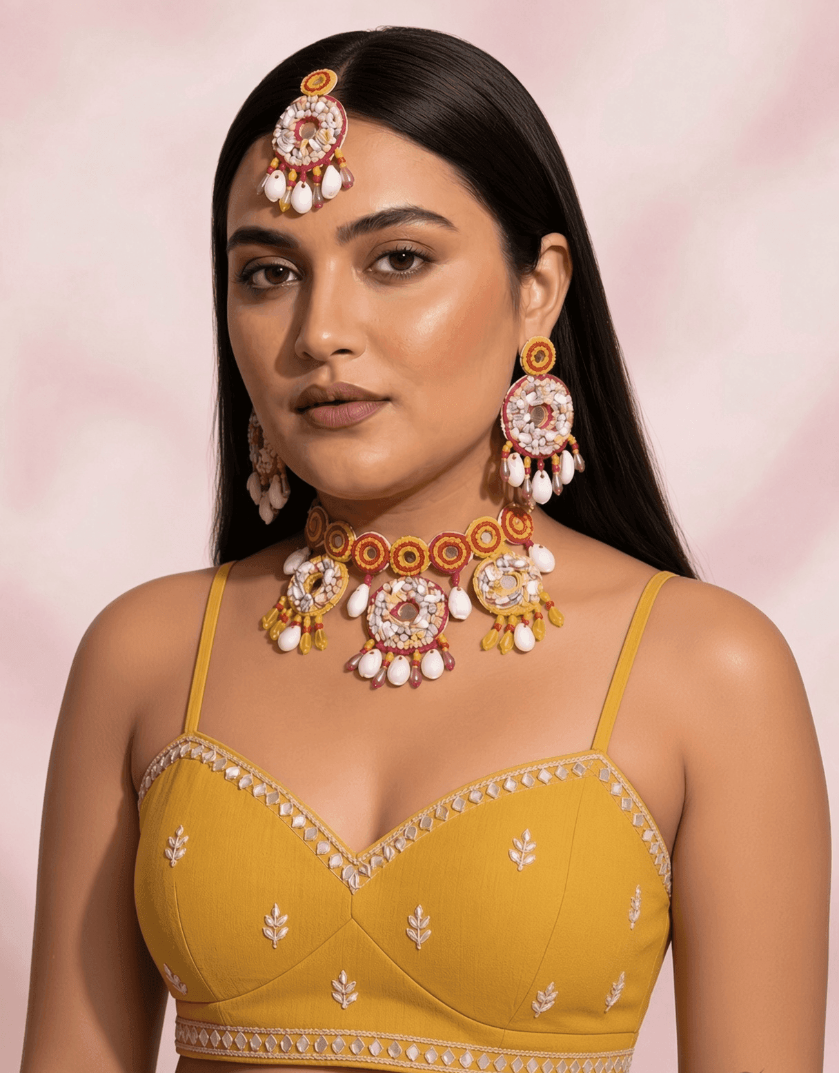 Handcrafted Pink-Yellow Pearl Jewellery Set for Haldi Bridal