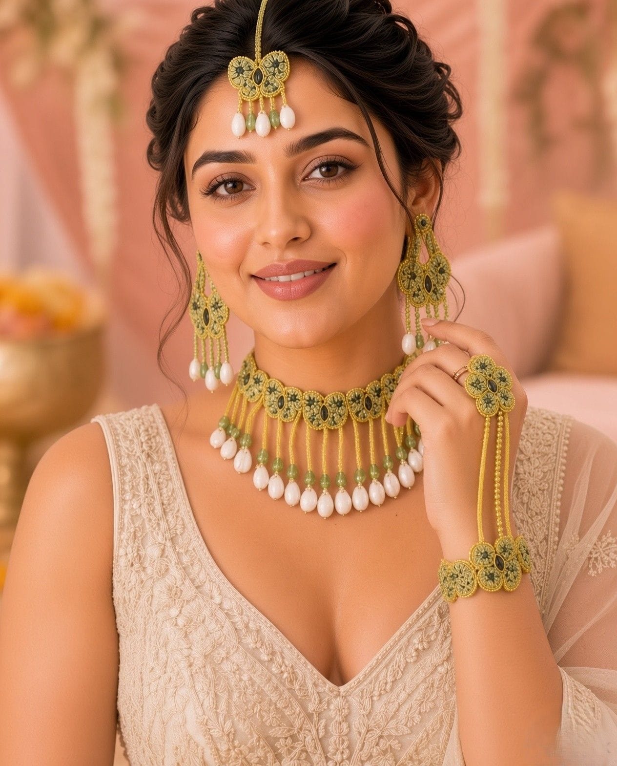 Designer Green Thread Haldi Jewellery Set for Mehndi Ceremony