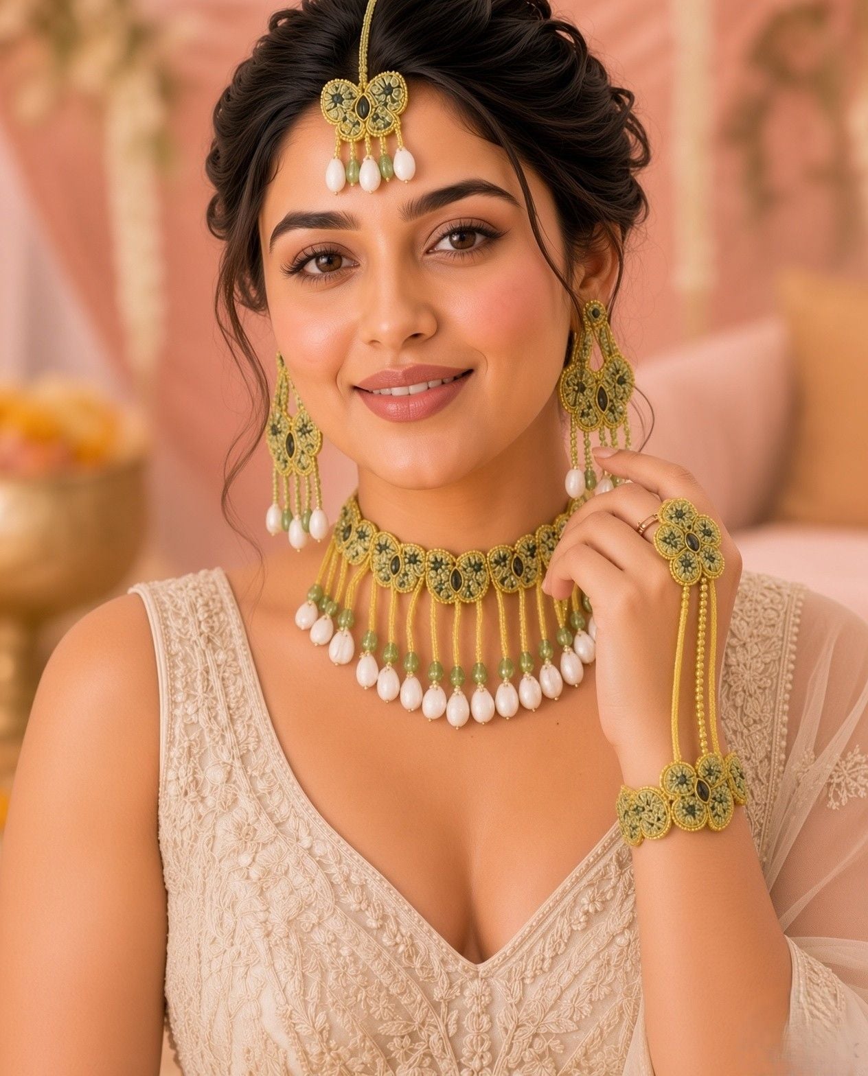 Designer Green Thread Haldi Jewellery Set for Mehndi Ceremony
