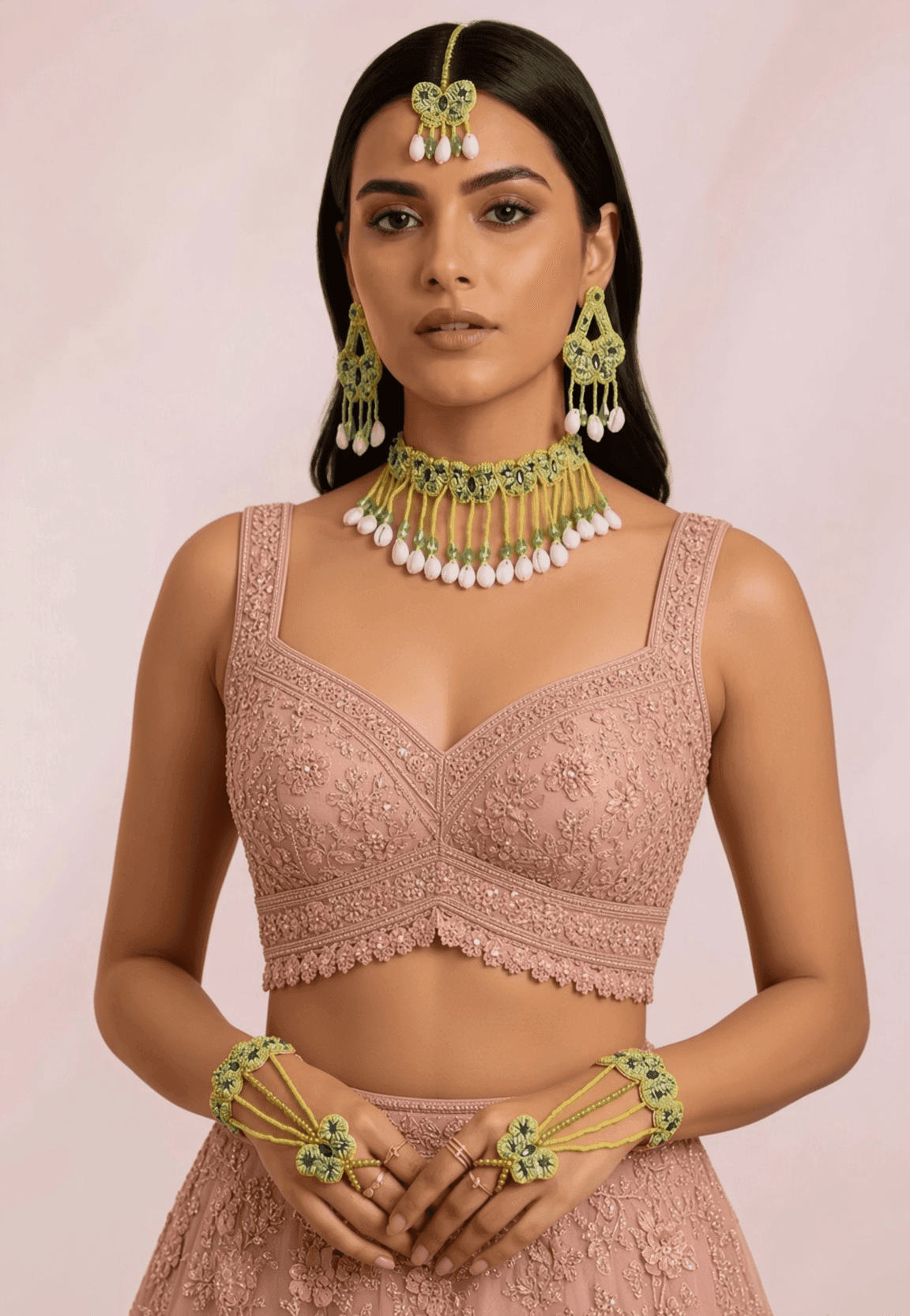 Designer Green Thread Haldi Jewellery Set for Mehndi Ceremony