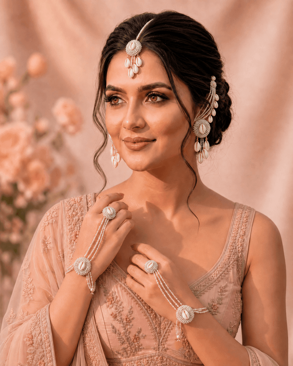 Silver Hue Handmade Pearl & Shell Floral Jewellery Set for Haldi-Mehndi