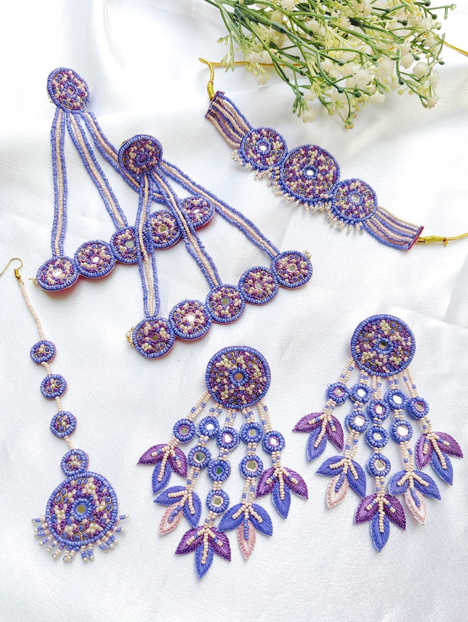 Handcrafted Floral Carnival Jewellery, Aqua & Sky-Blue, Haldi-Mehndi