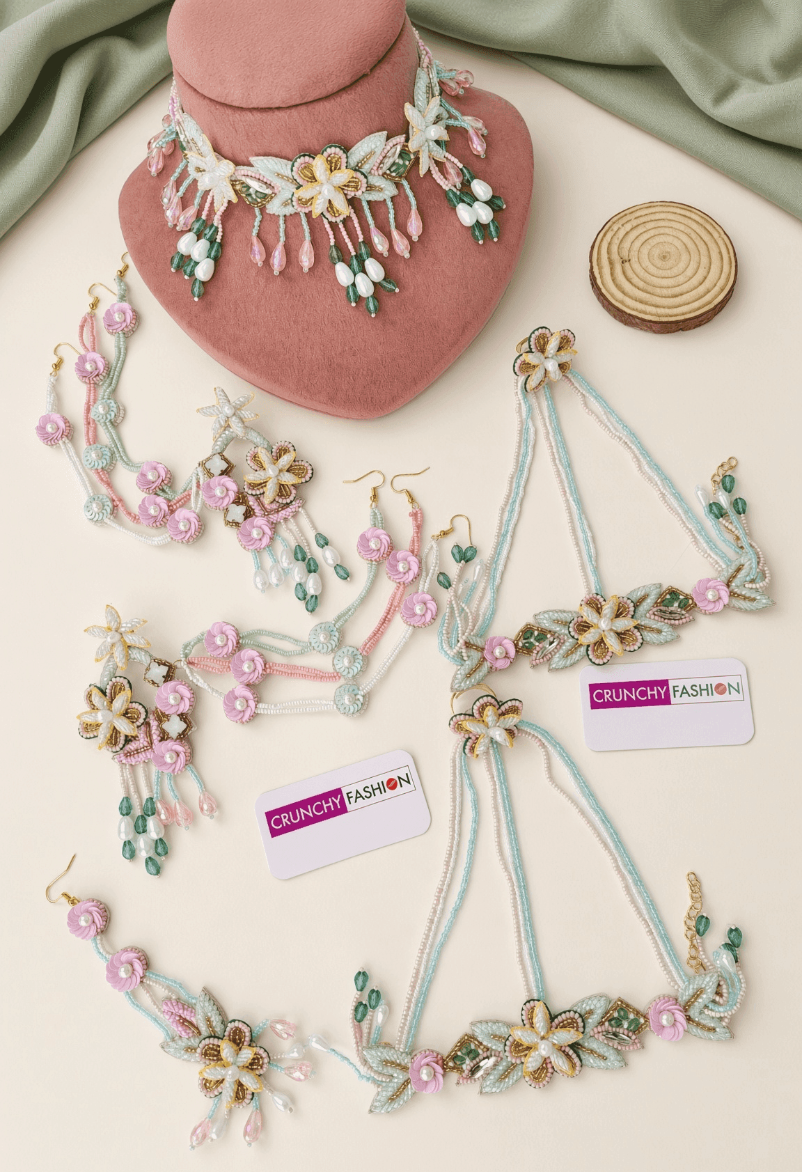 Pastel Hues Floral Bridal Haldi Mehndi Jewelry Set Handmade Accessory
