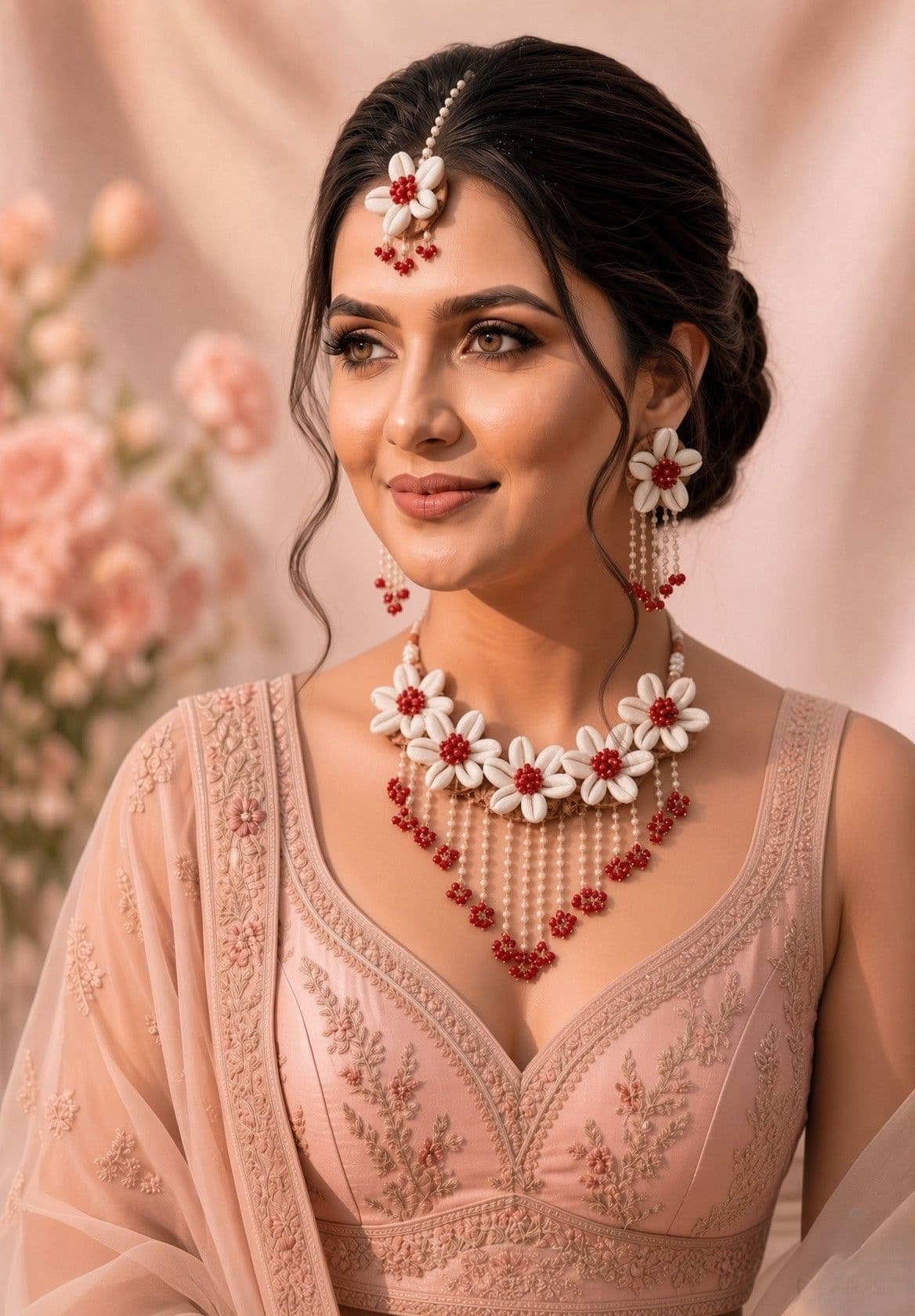 Golden Glitter: Pink Pearl & Cowrie Shell Floral Designer Jewelry Set for Brides