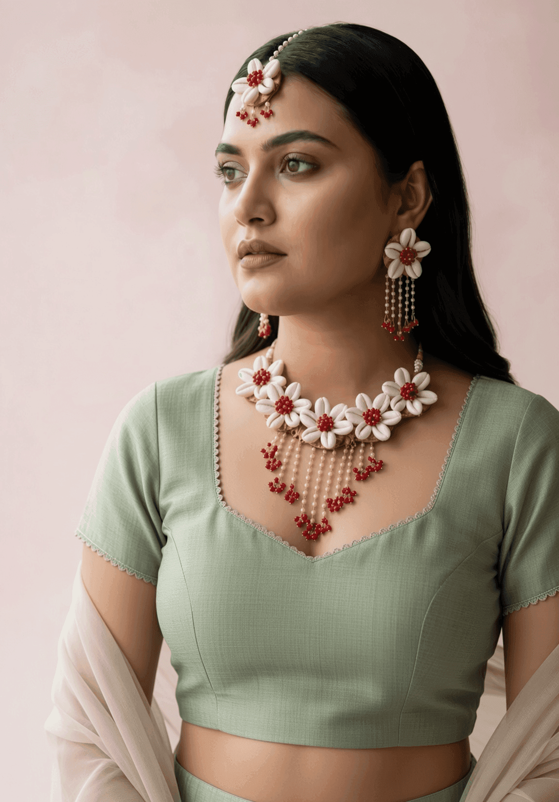 Golden Glitter: Pink Pearl & Cowrie Shell Floral Designer Jewelry Set for Brides