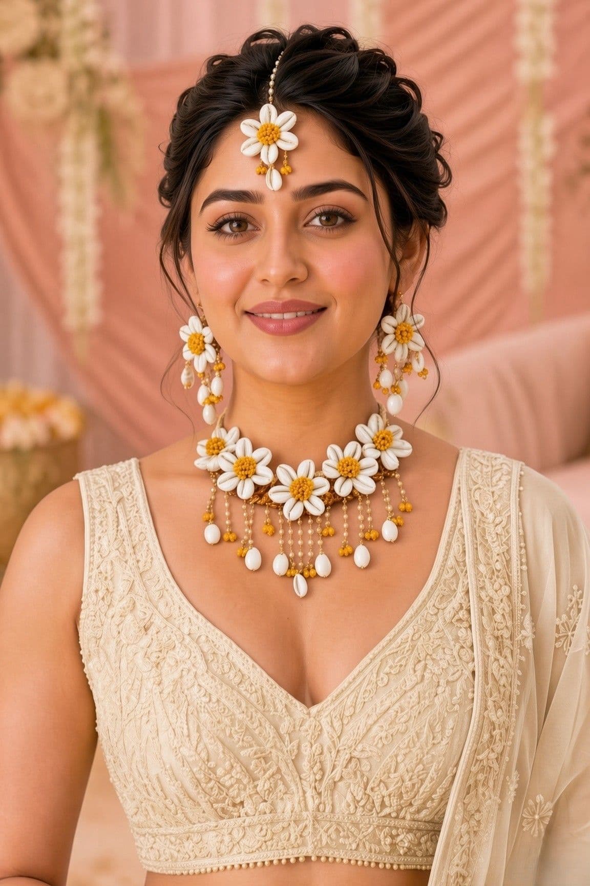 Yellow Pearl & Cowrie Shell Haldi Jewelry Set / Gold Plating
