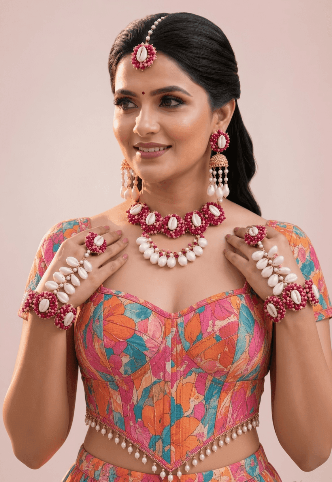 Handmade Hot Pink Pearl & Cowrie Shell Bridal Set, Haldi Mehndi Design
