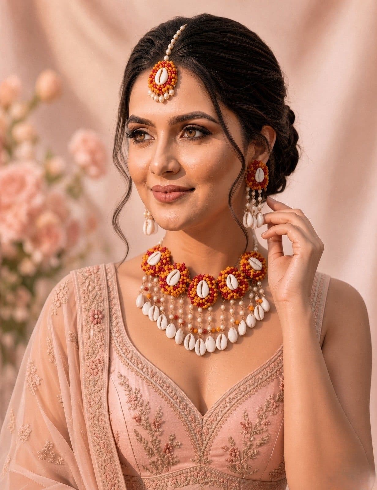 Pink-Orange Pearl Shell - Bridal Wedding Set - Haldi Mehndi Kalira