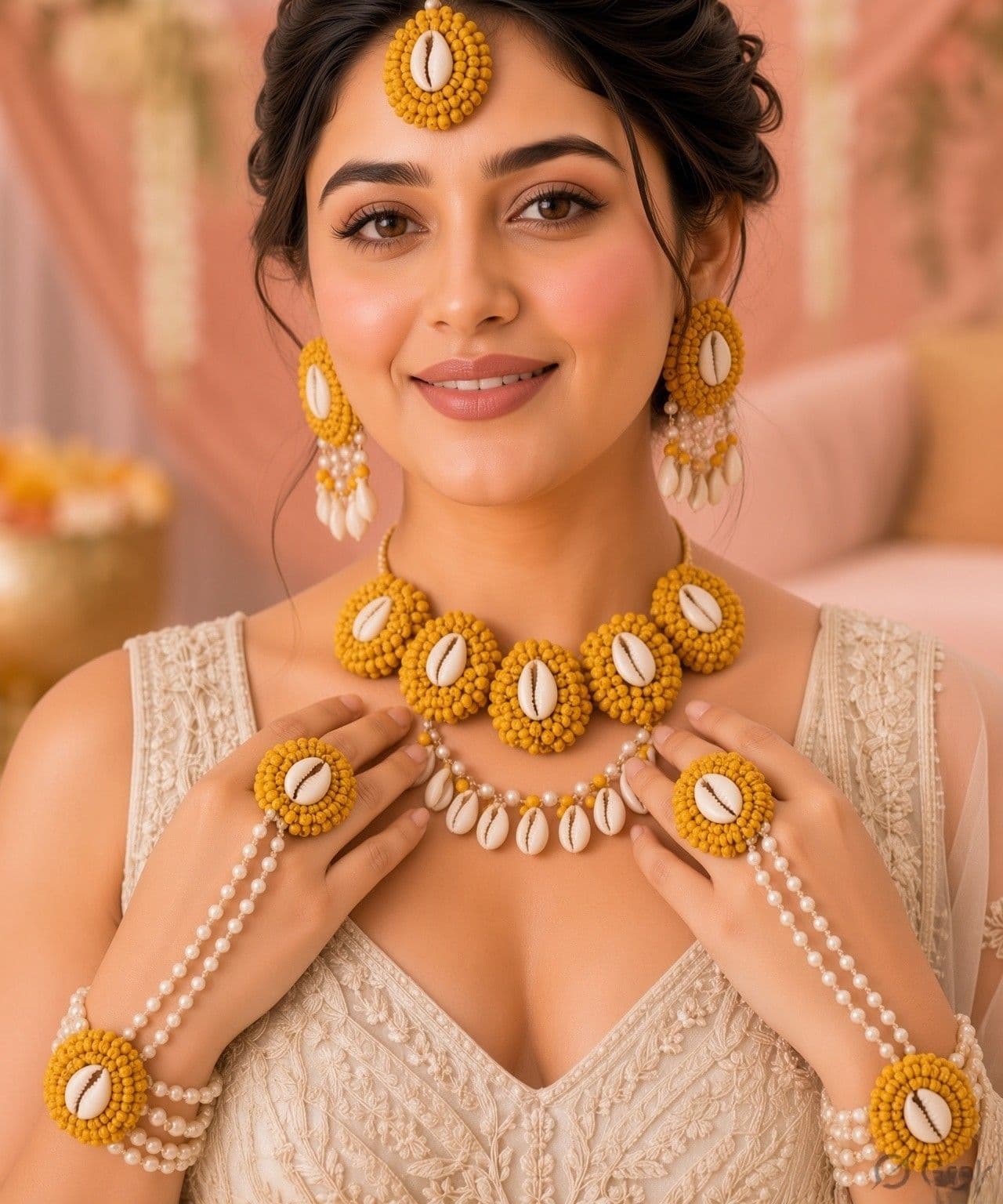 Golden Glory: Haldi-Mehndi Special Pearl & Sea Shell Jewellery Set