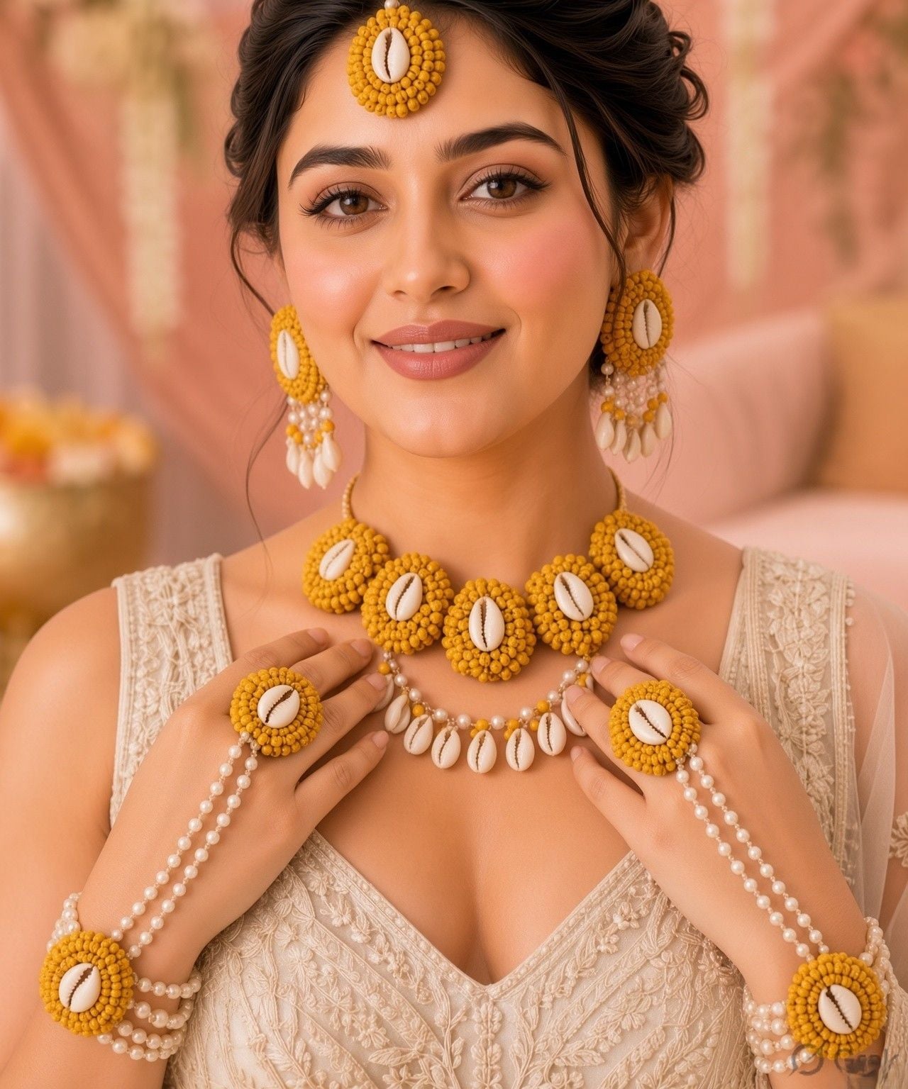 Golden Glory: Haldi-Mehndi Special Pearl & Sea Shell Jewellery Set