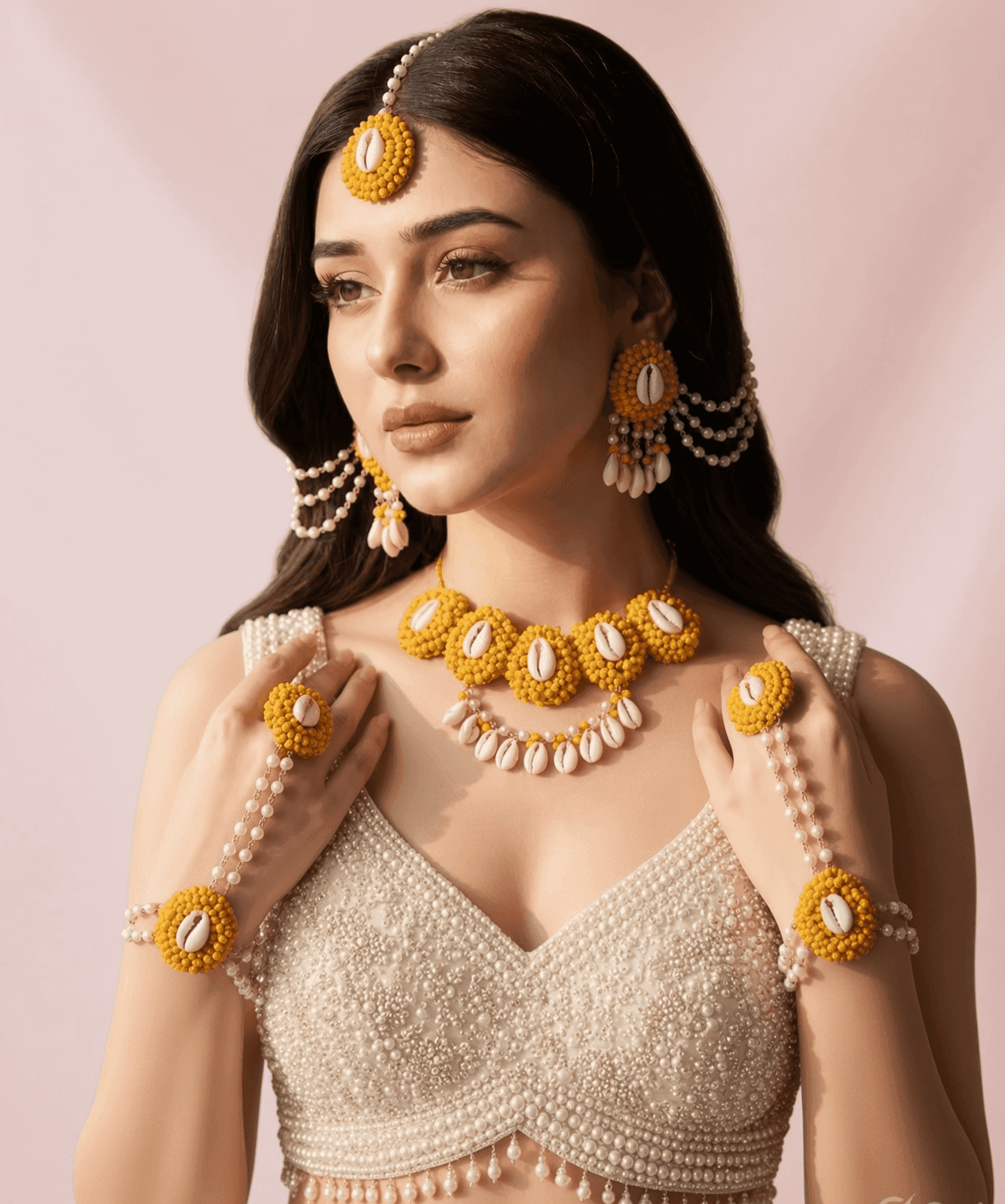 Golden Glory: Haldi-Mehndi Special Pearl & Sea Shell Jewellery Set