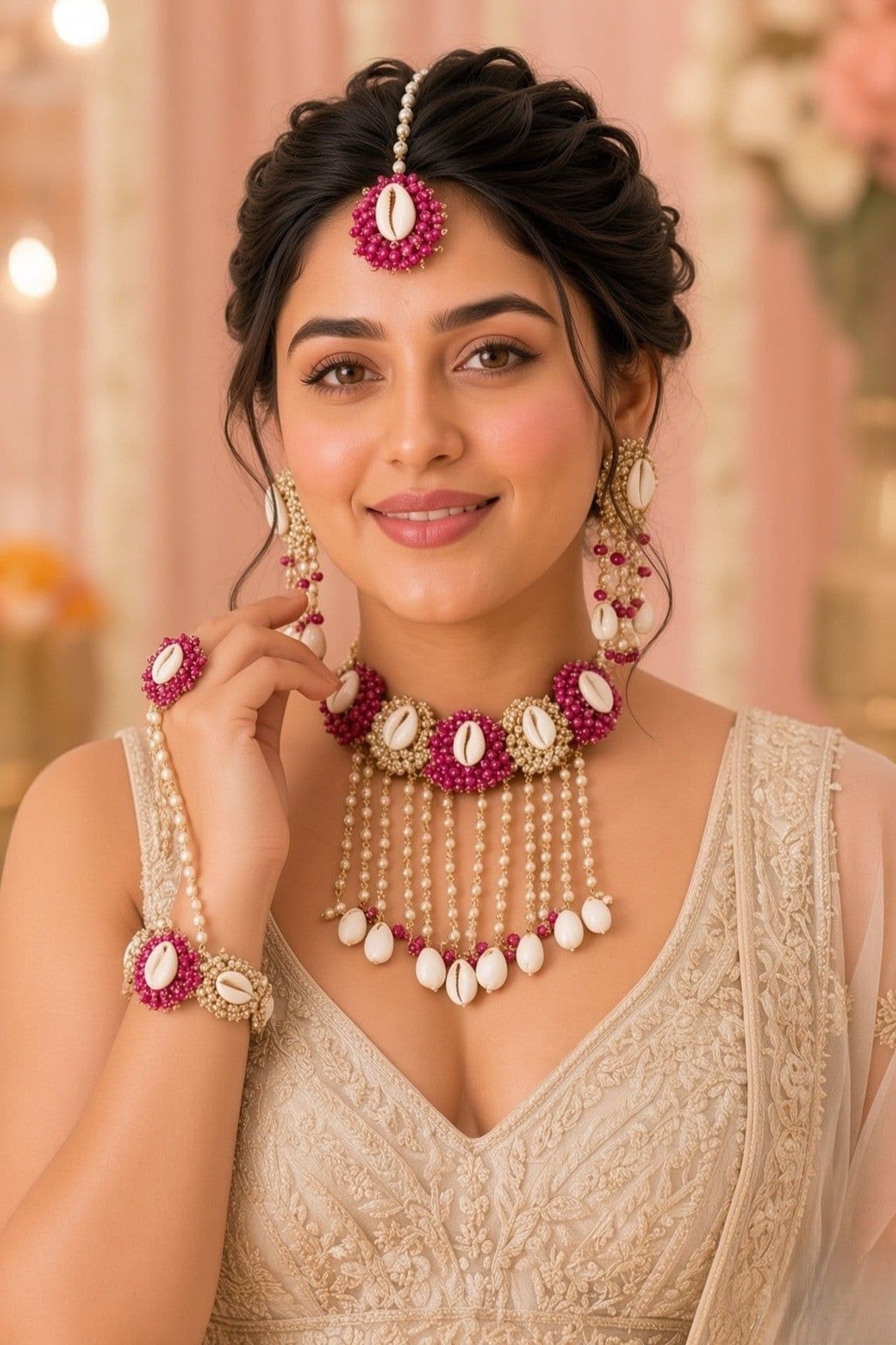 Handmade Pink Sea Shell Jewellery Set for Haldi & Mehndi Brides