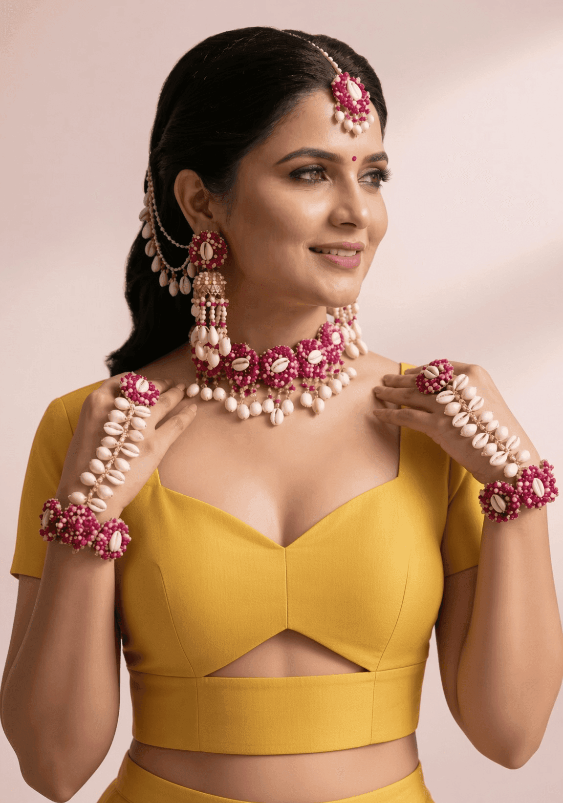 Pink Pearl Haldi Bridal Set: Gold-Plated Florals & Kaliras