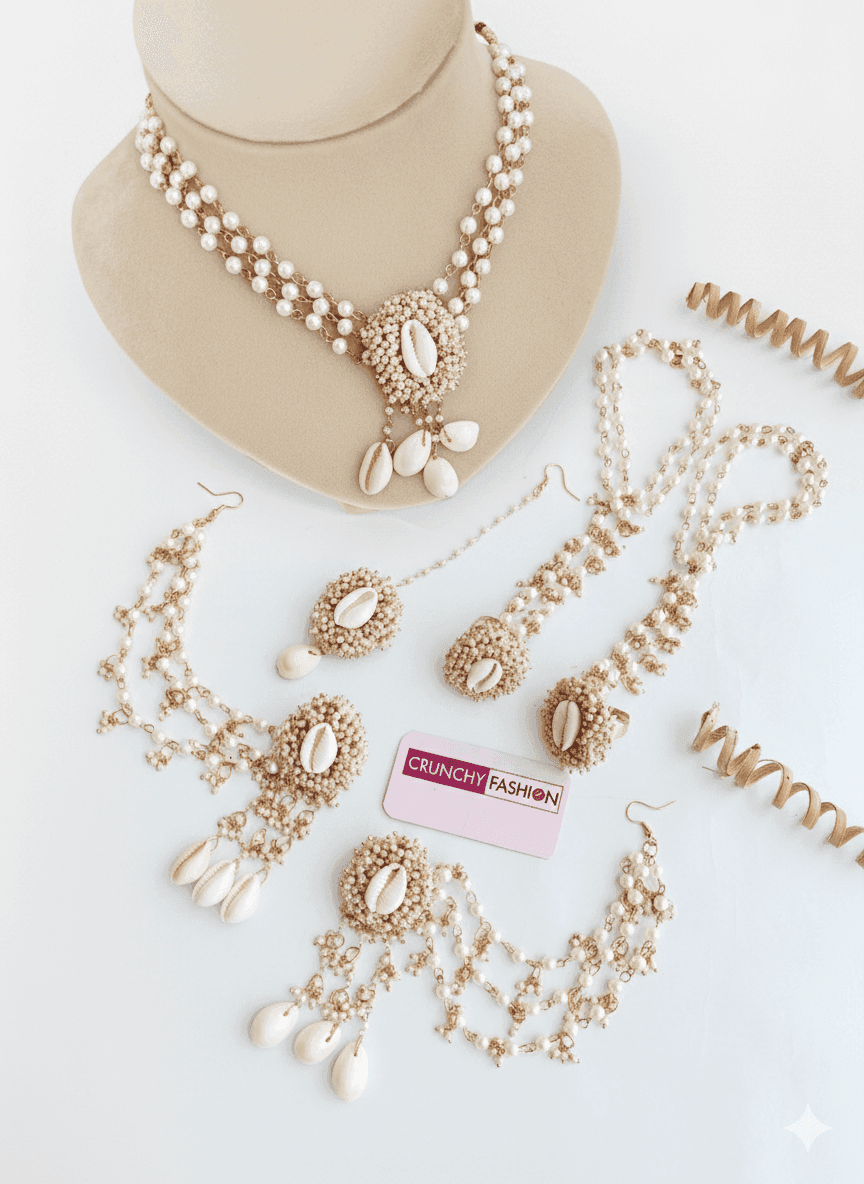 Nature White Cowrie Shell Jewelry Set for Haldi-Mehndi Festival