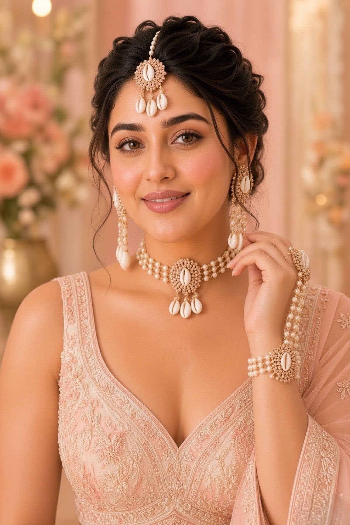 Handmade Pearl & Cowrie Shell Jewellery Set for Haldi & Mehndi
