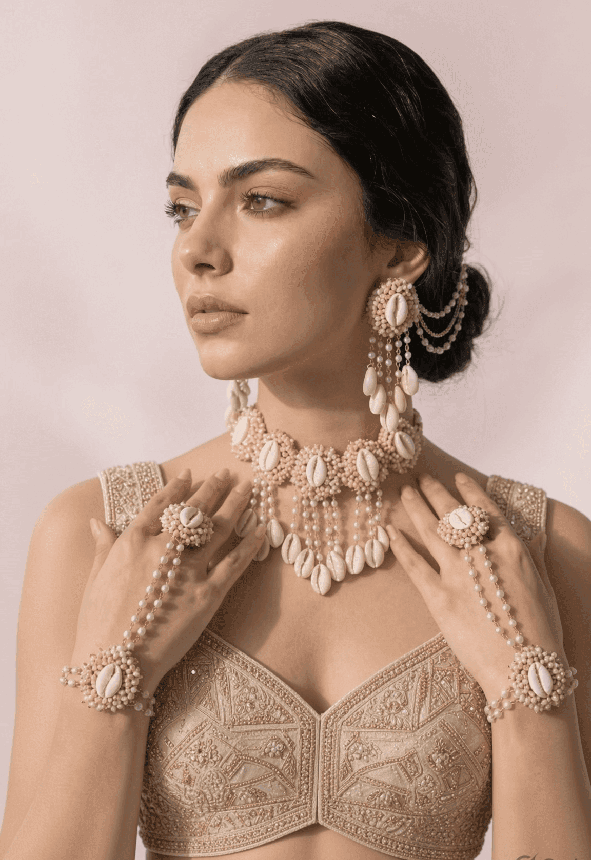 Pearl & Cowrie Shell Handmade Heer Haldi-Mehndi Set for Seniors & Girls