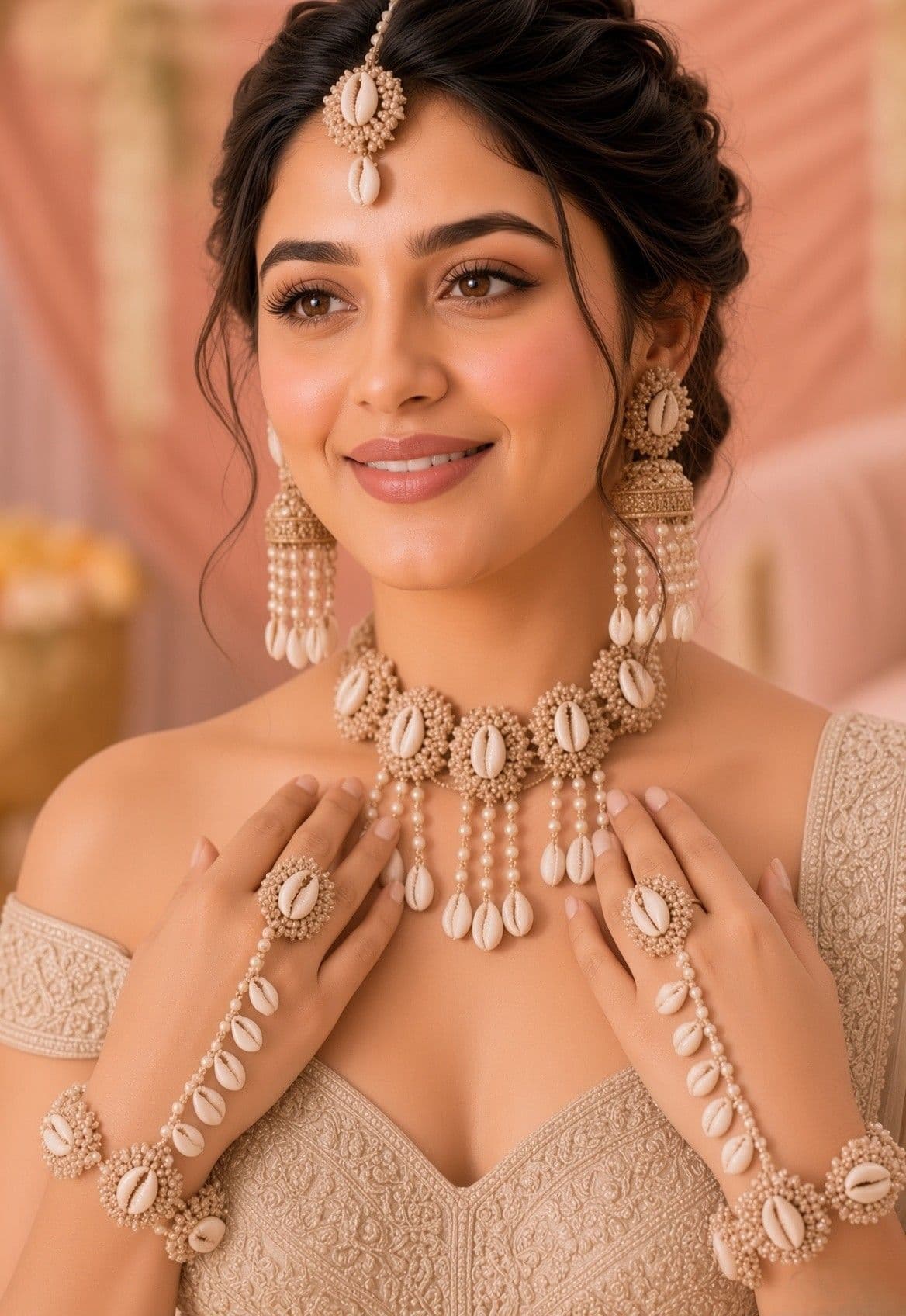 Elegant White Pearl & Shell Jewellery for Festive Haldi-Mehndi