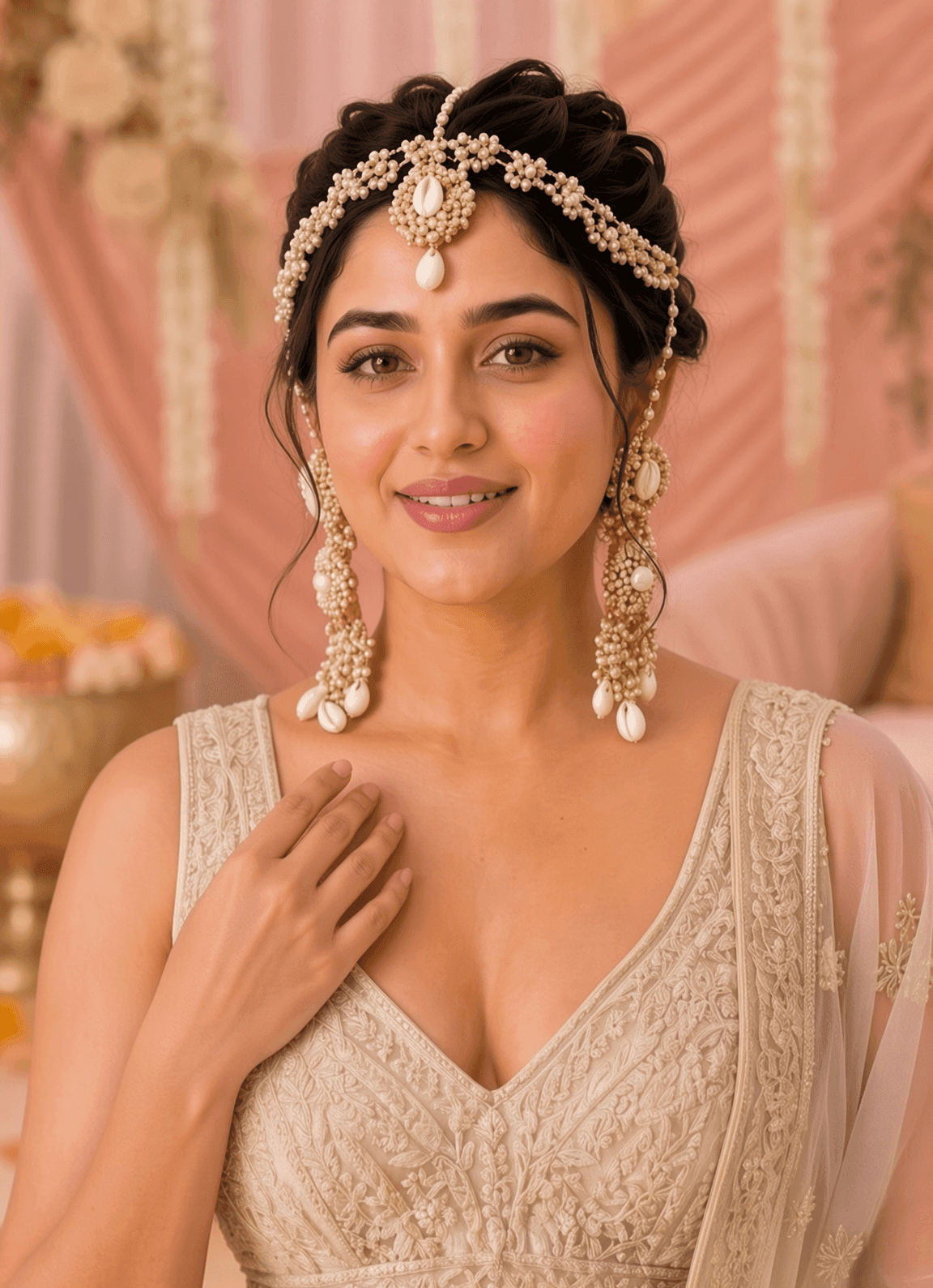 Pearl & Cowrie Shell Floral Haldi-Mehndi Jewelry Set for Timeless Occasions