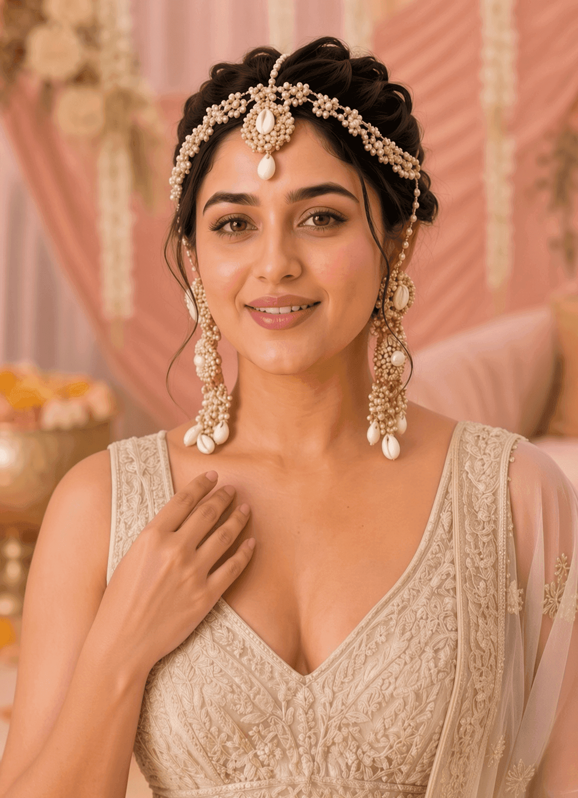Pearl & Cowrie Shell Floral Haldi-Mehndi Jewelry Set for Timeless Occasions