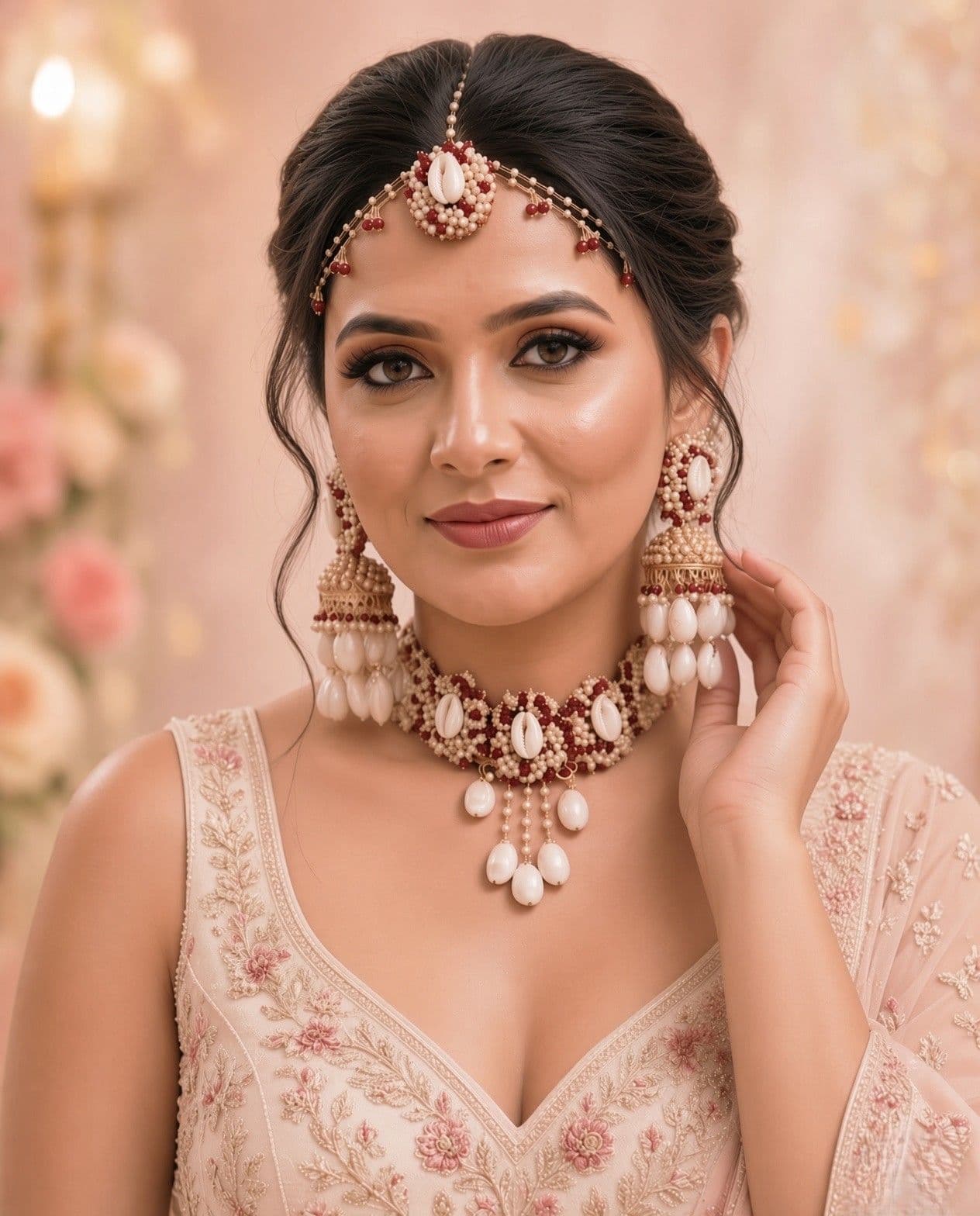 Sea Whispers: Red-White Pearl & Shell Jewellery Set for Haldi-Mehndi