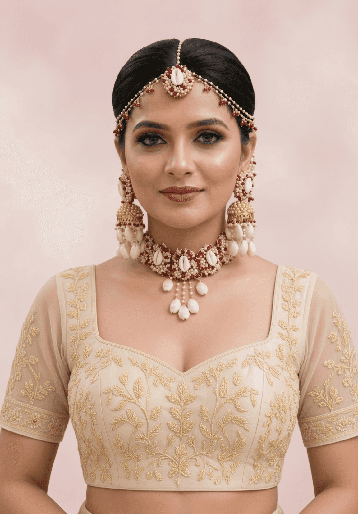 Sea Whispers: Red-White Pearl & Shell Jewellery Set for Haldi-Mehndi
