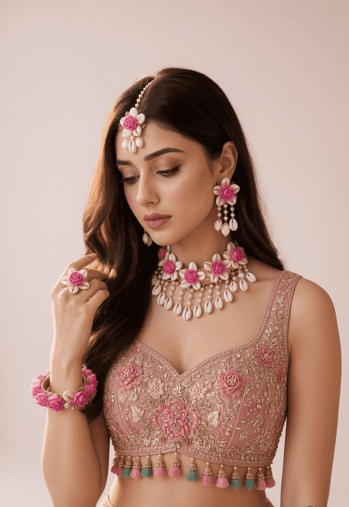 Pink Blossom & Cowrie Shell Haldi Bridal Jewelry Set for Fashionistas