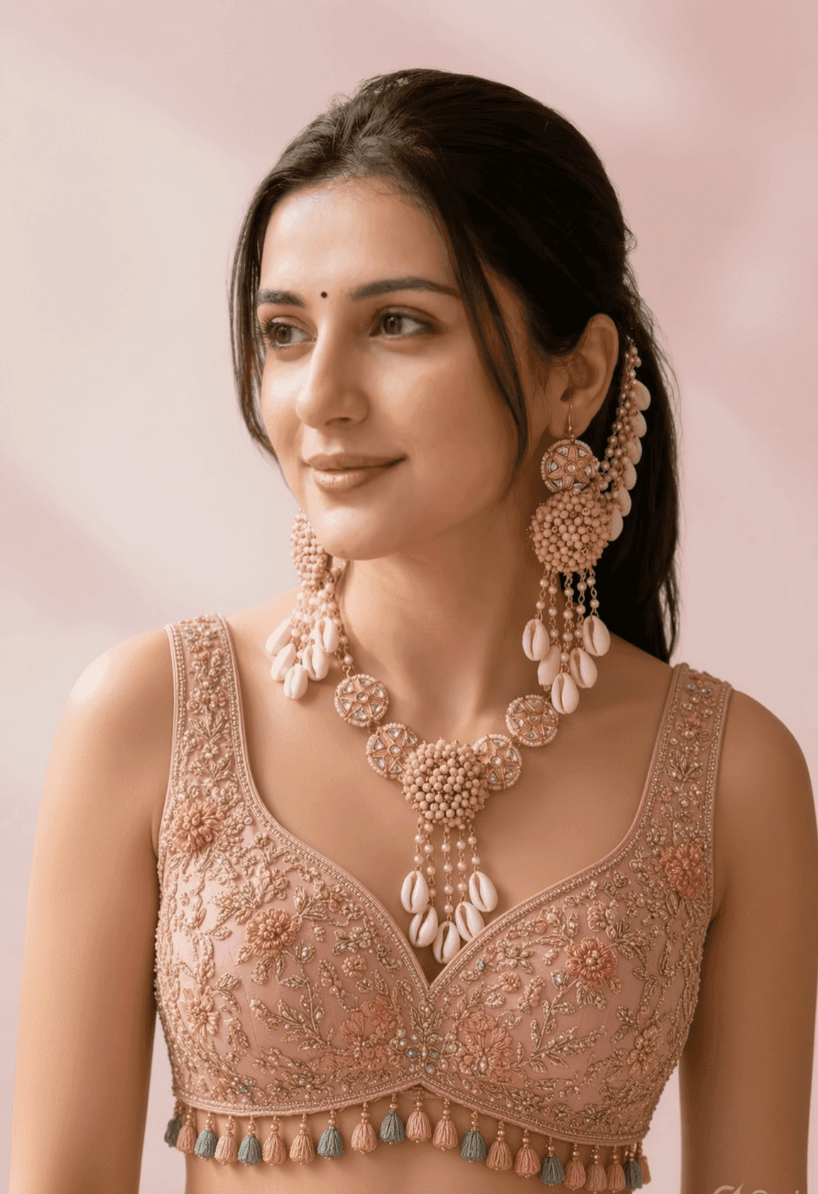 Designer Blush Pink Cowrie Shell Jewellery Set for Women