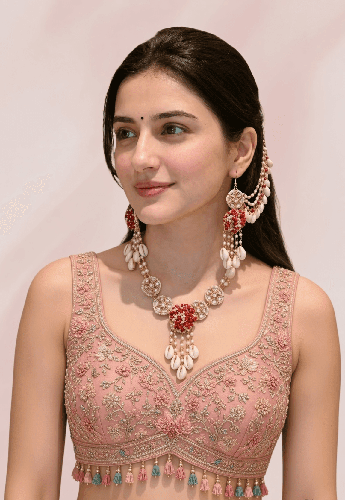 Red & White Cowrie Shell Statement Necklace Set with Earrings