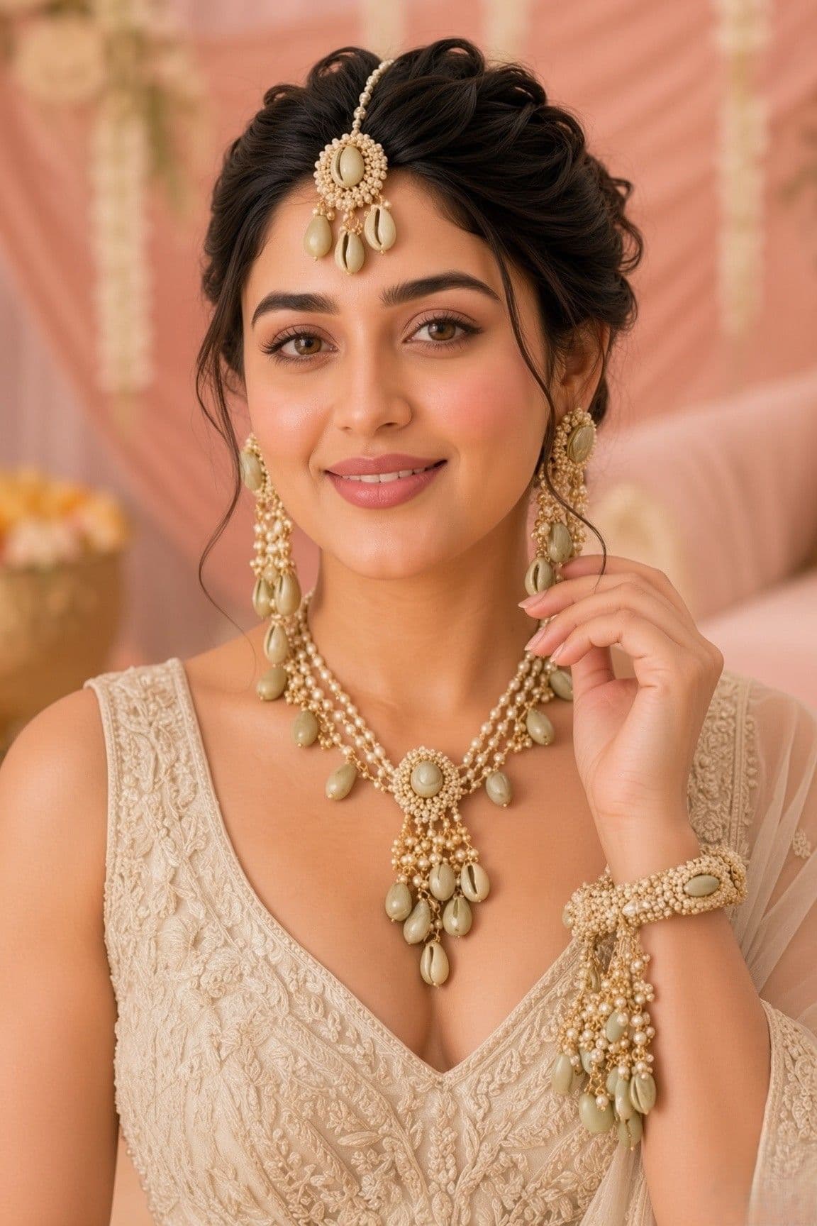 Handmade Seashell & Pearl Haldi Mehndi Jewellery Set
