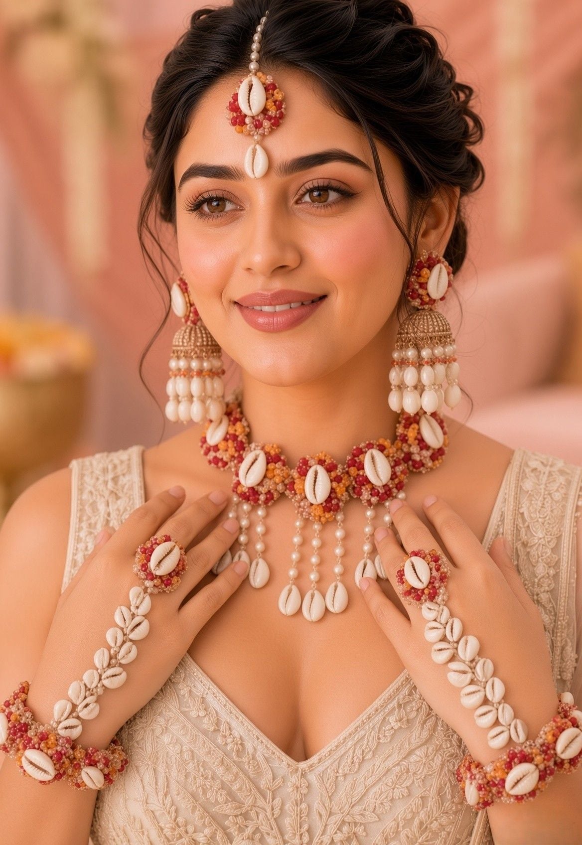 Pink Shell Flower Haldi Mehndi Jewellery Set