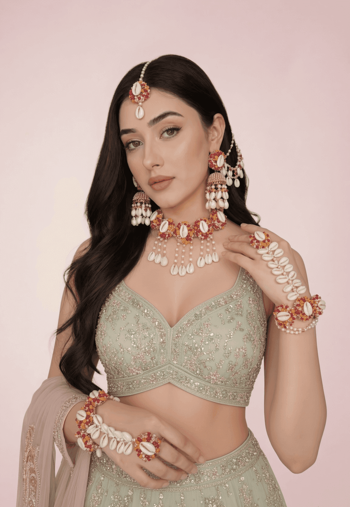Pink Shell Flower Haldi Mehndi Jewellery Set