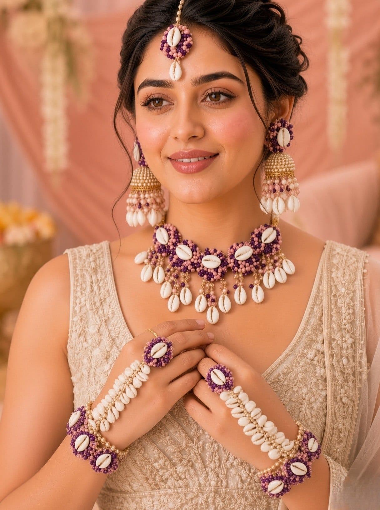 Lavender-Pink Haldi Sea Shell Flower Jewellery Set