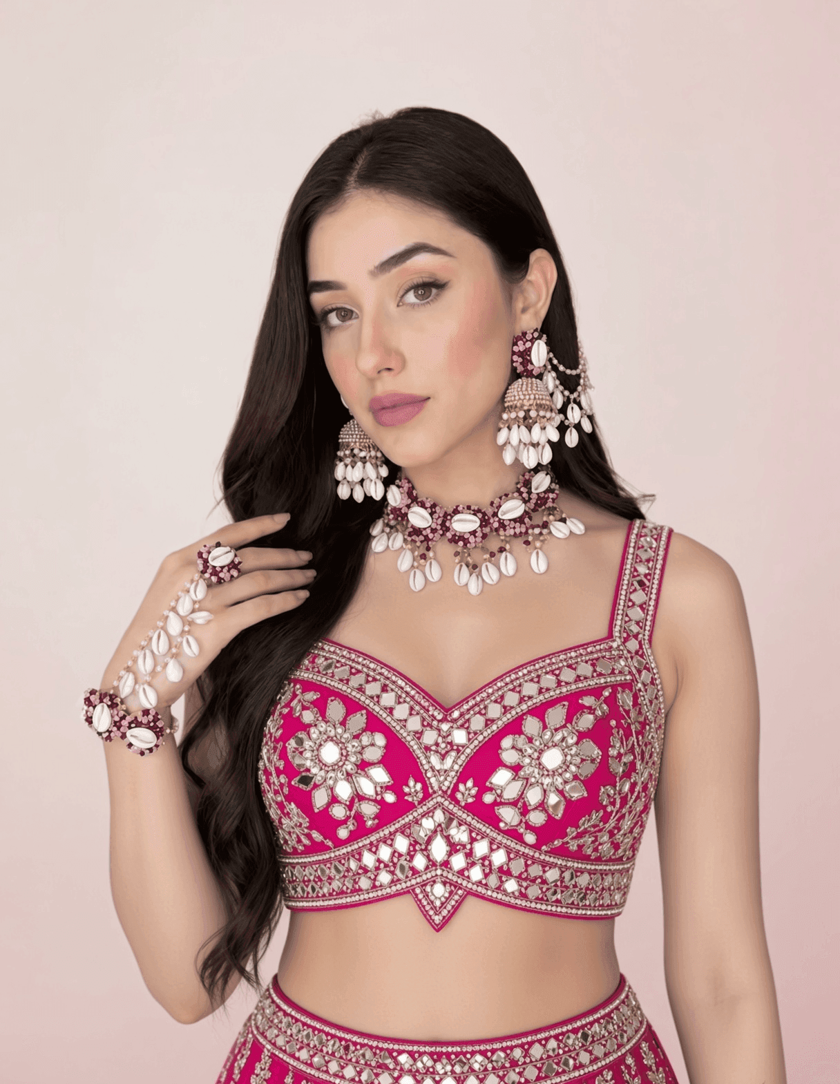 Lavender-Pink Haldi Sea Shell Flower Jewellery Set