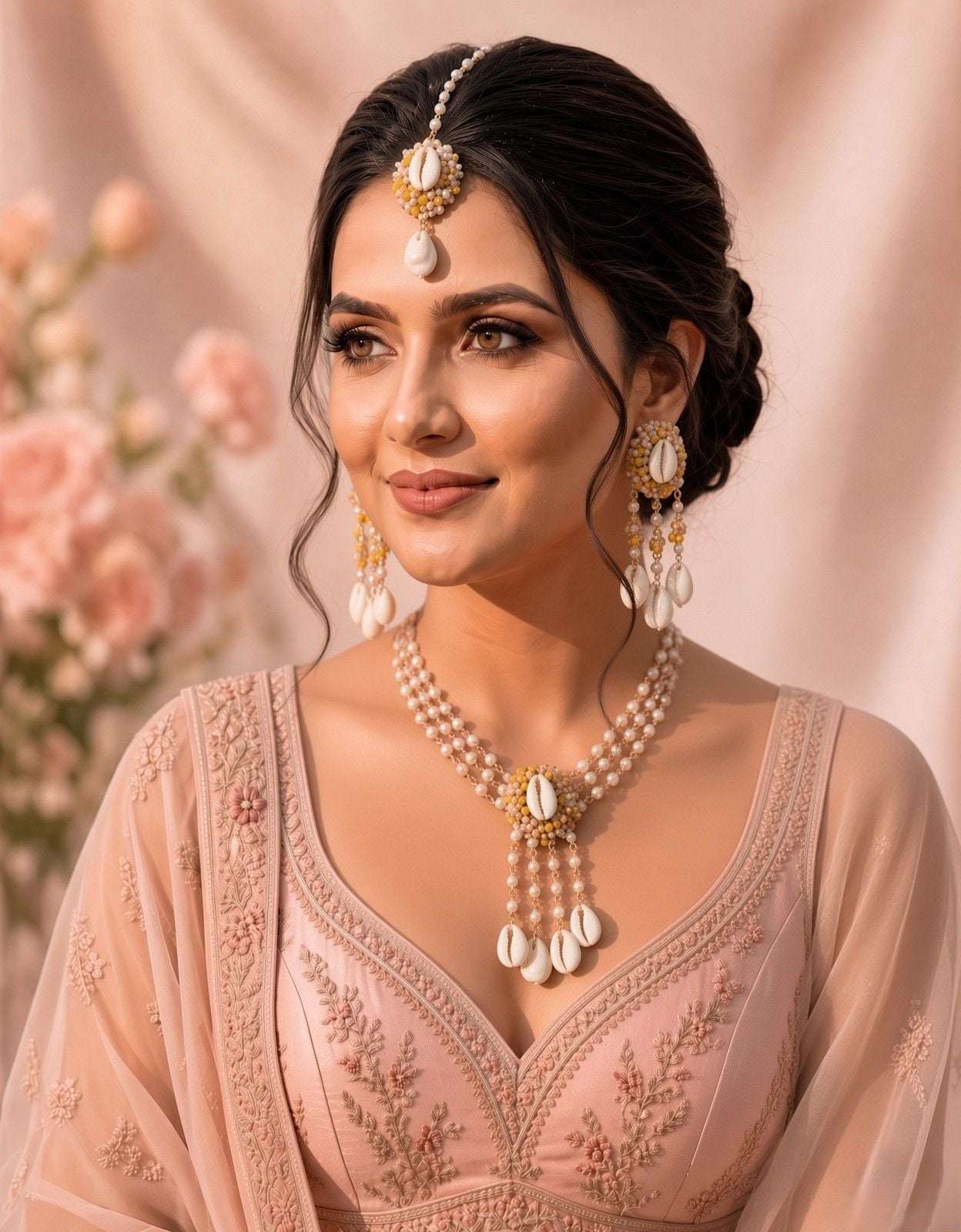 Handmade Cowrie Shell Haldi Jewellery Set with Pearl Beads
