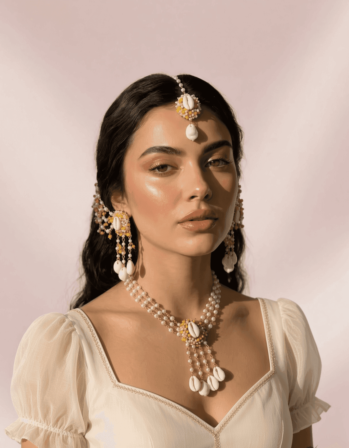 Handmade Cowrie Shell Haldi Jewellery Set with Pearl Beads