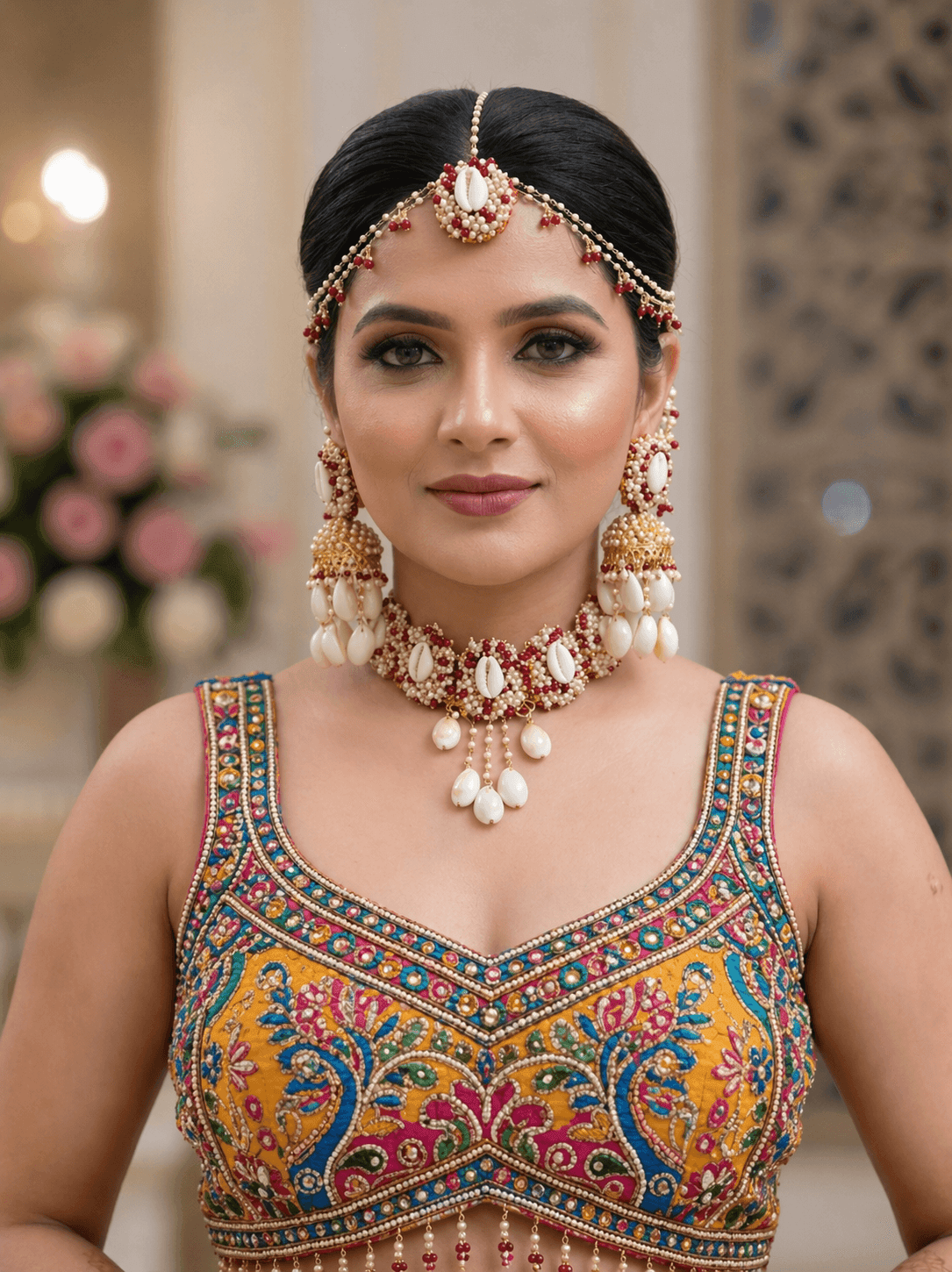 Sea Whispers: Red-White Pearl & Shell Jewellery Set for Haldi-Mehndi