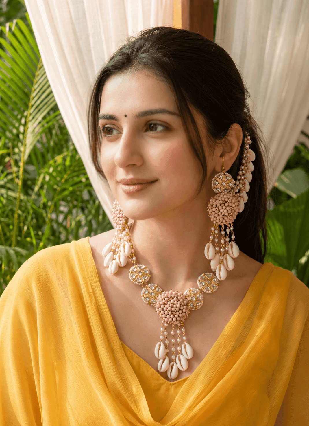 Lavender Blossom: Gold Plated Sea Shell & Pink Pearl Haldi Jewellery