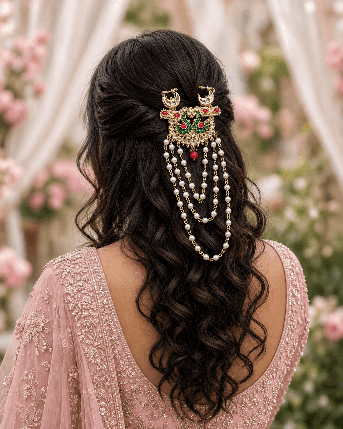 Green Peacock Kundan Hair Accessory for Weddings