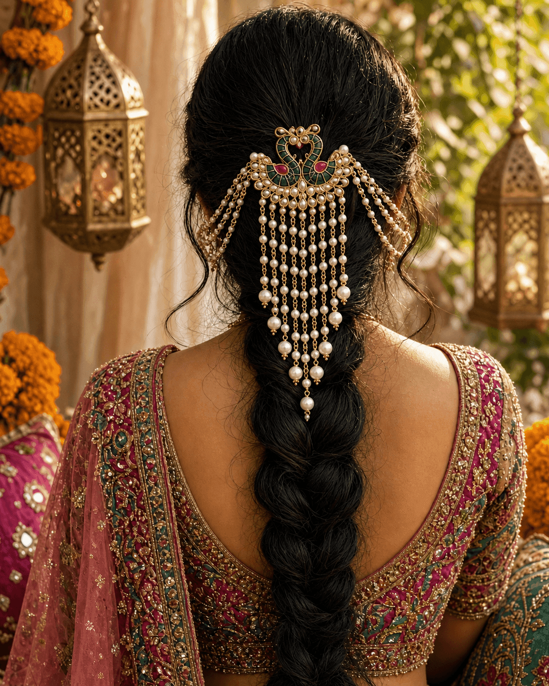 Peacock Kundan Hair Accessory in Green and Pink