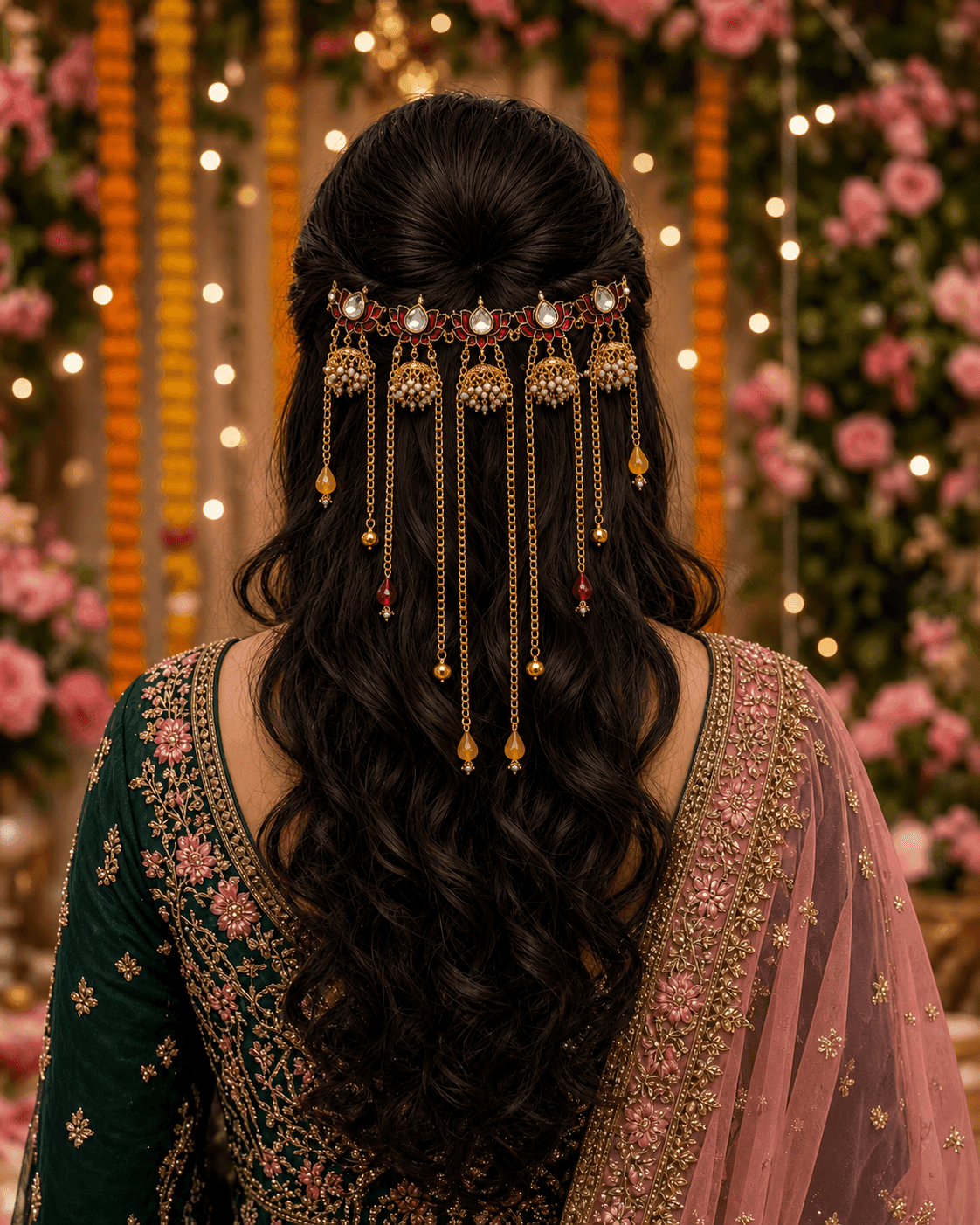 Maroon Lotus Kundan Hair Accessory with Pearls