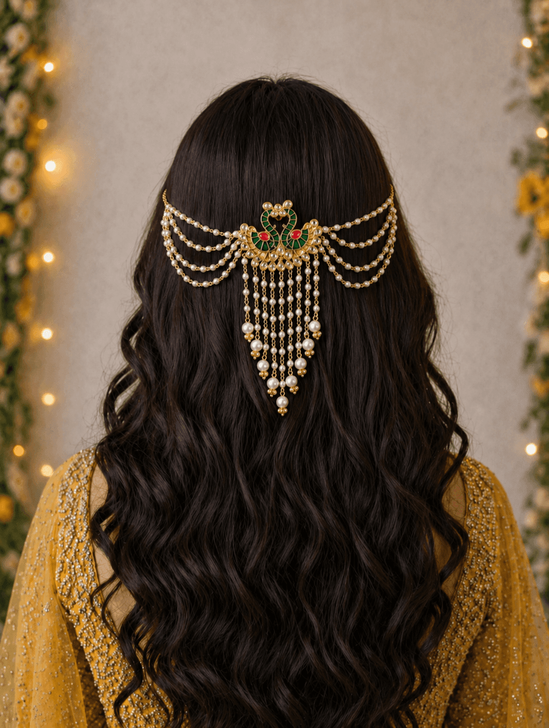 Peacock Kundan Hair Accessory in Green and Pink